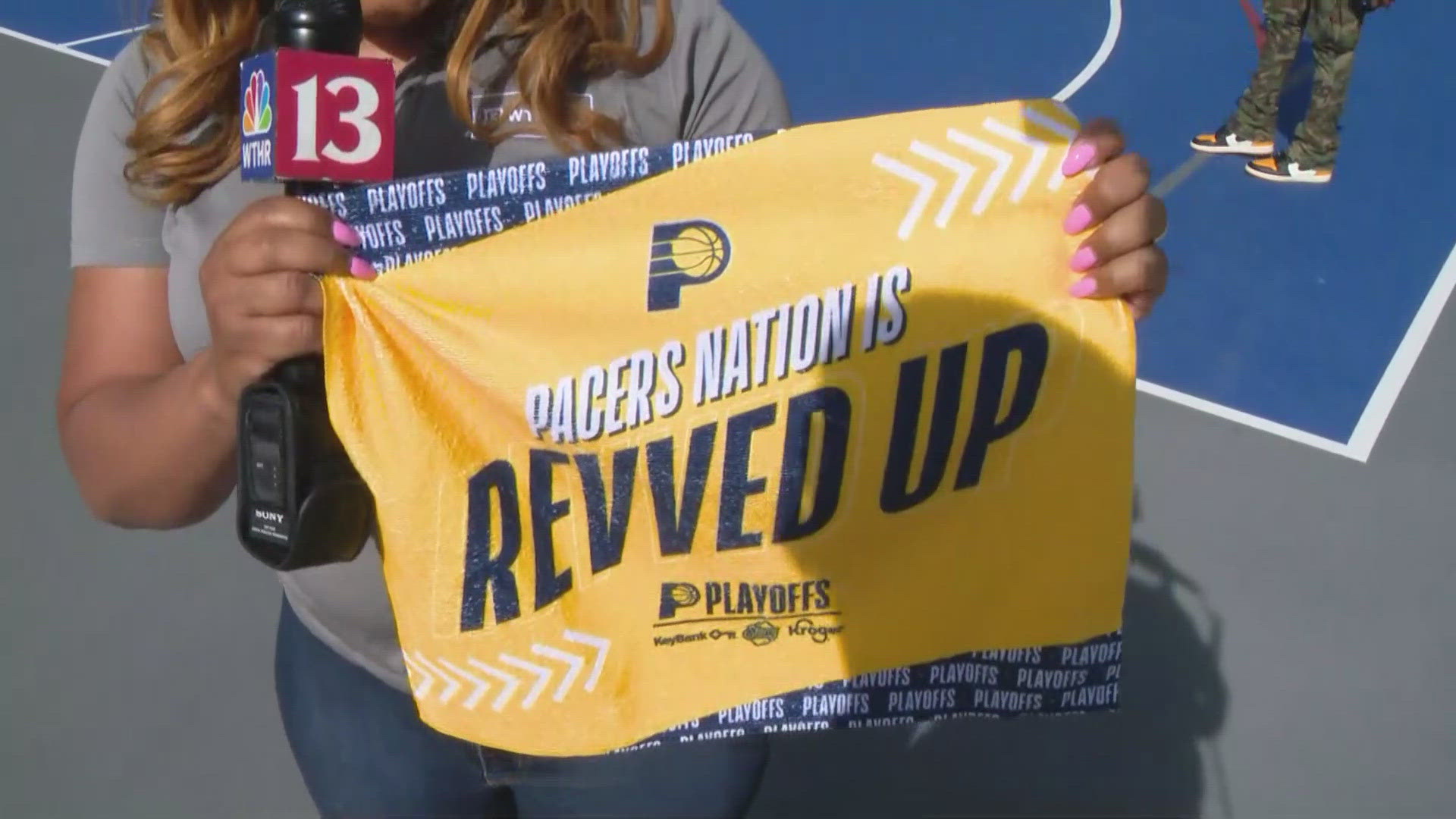 13News reporter Logan Gay reports from the Bicentennial Unity Plaza where fans are excited for Thursday night's Pacers playoff game against the Milwaukee Bucks.