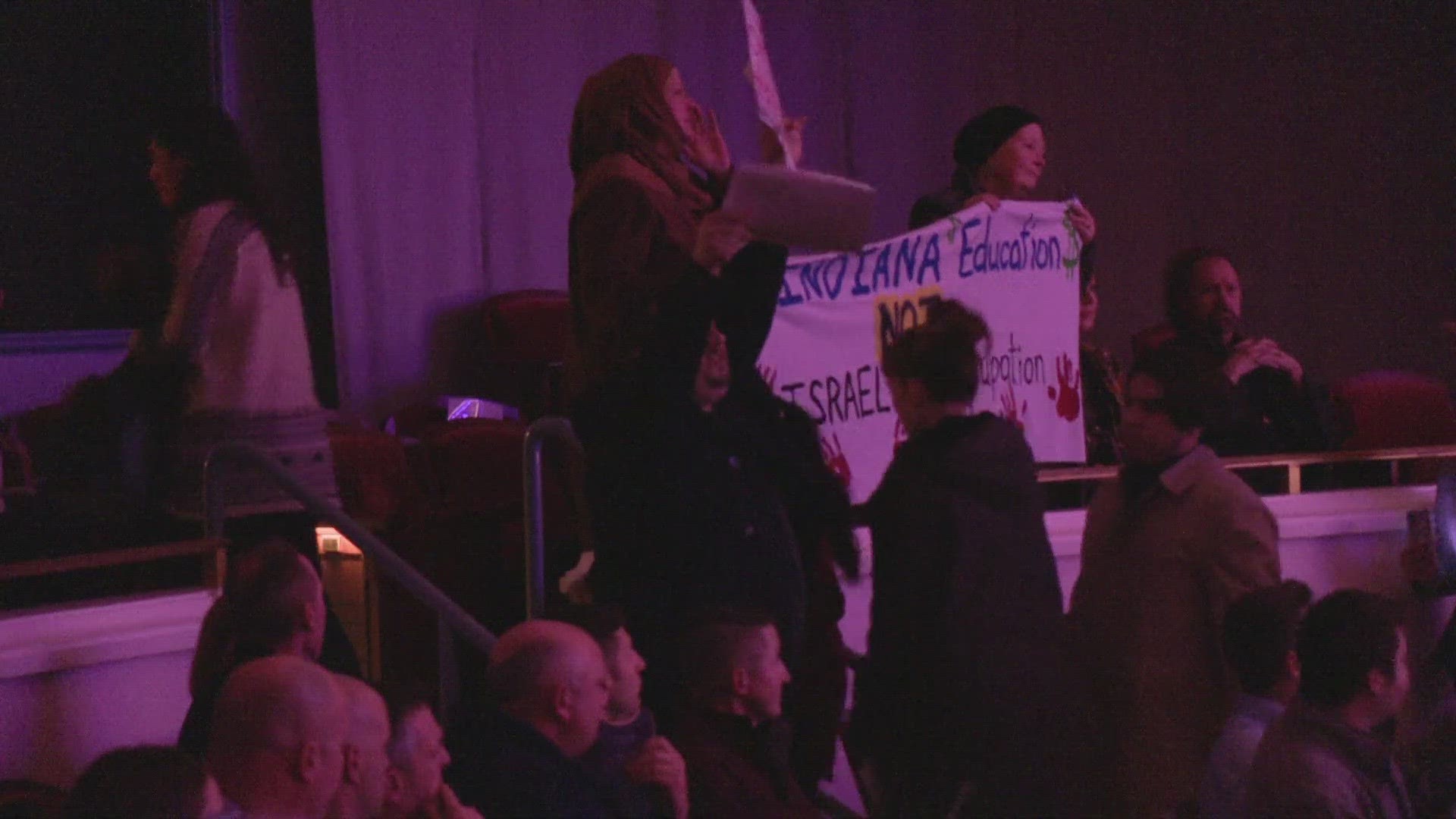 Pro-Palestine demonstrators interrupted a speech by Sen. Todd Young during ceremonies to swear in newly elected officials in Carmel.