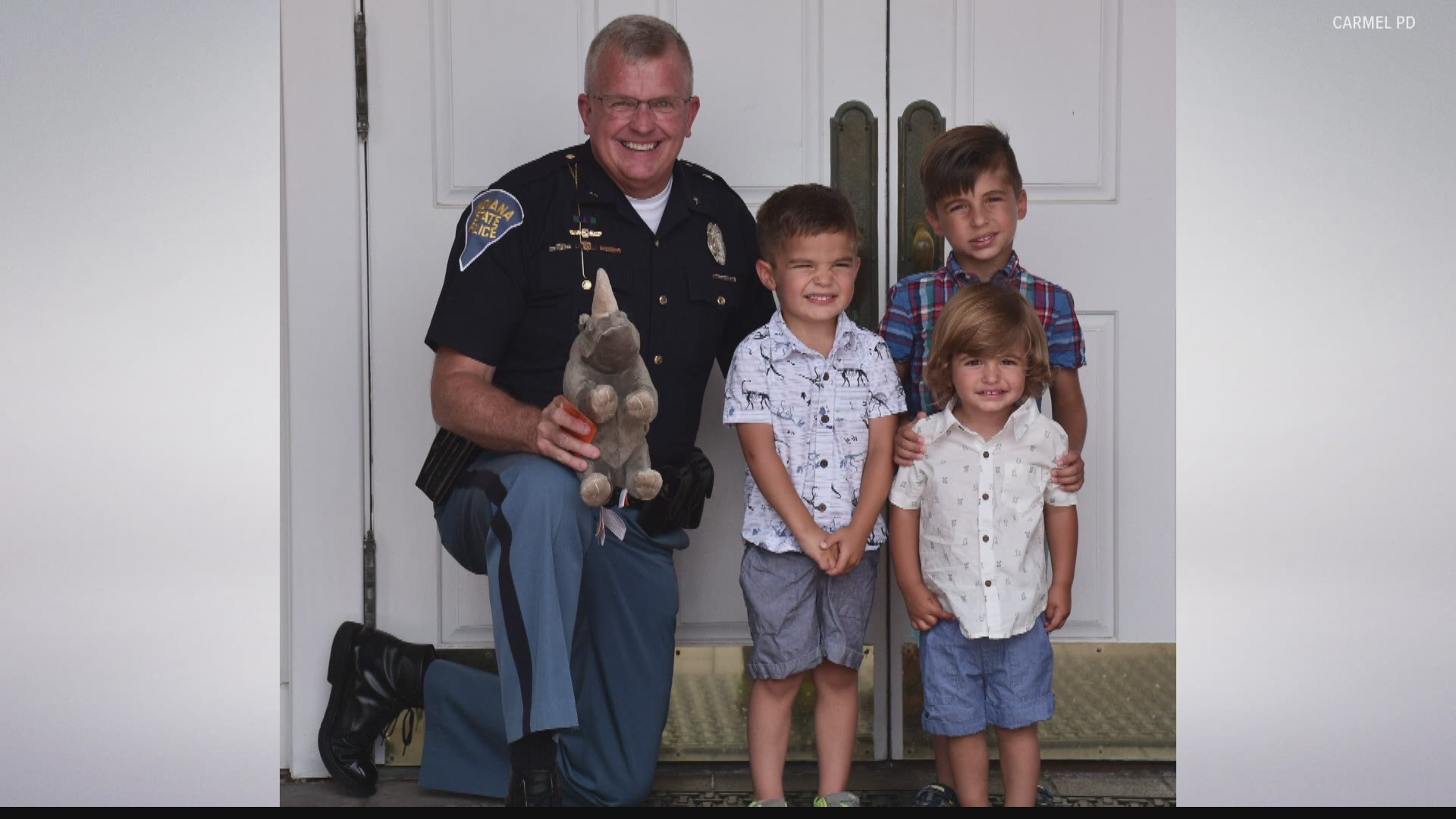 A 4-year-old Carmel boy is hoping to recognize and help law enforcement officers by giving them a stuffed rhino.