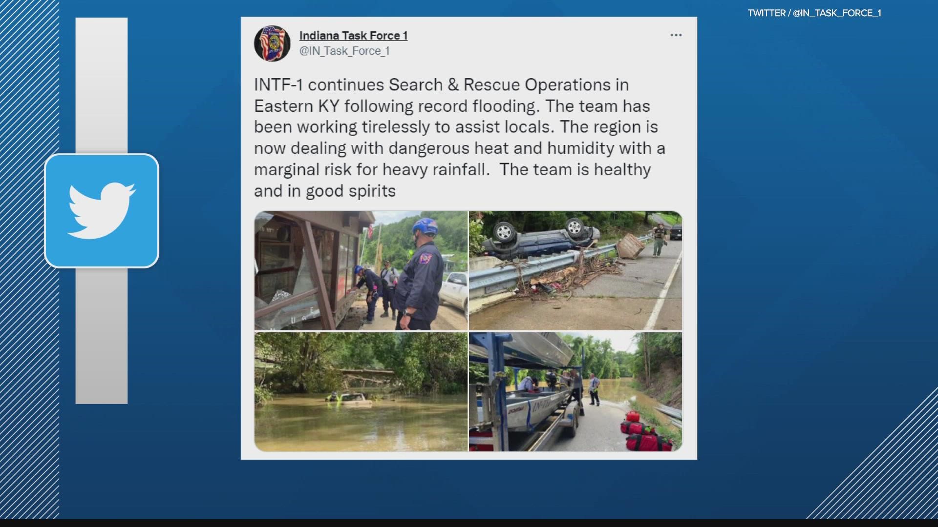 Indiana Task Force 1 is standing by in eastern Kentucky as more rain is expected in areas already hit hard by massive flooding.