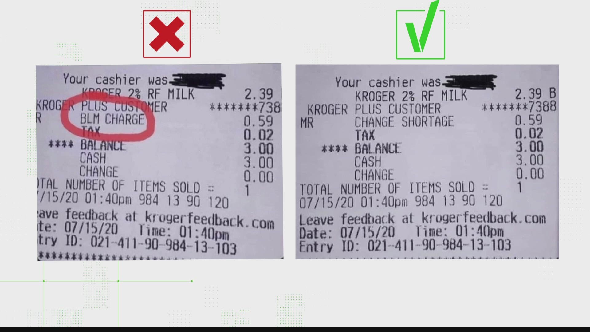 Our VERIFY team checked with Kroger and an image showing a receipt with a "BLM Charge" is fake.