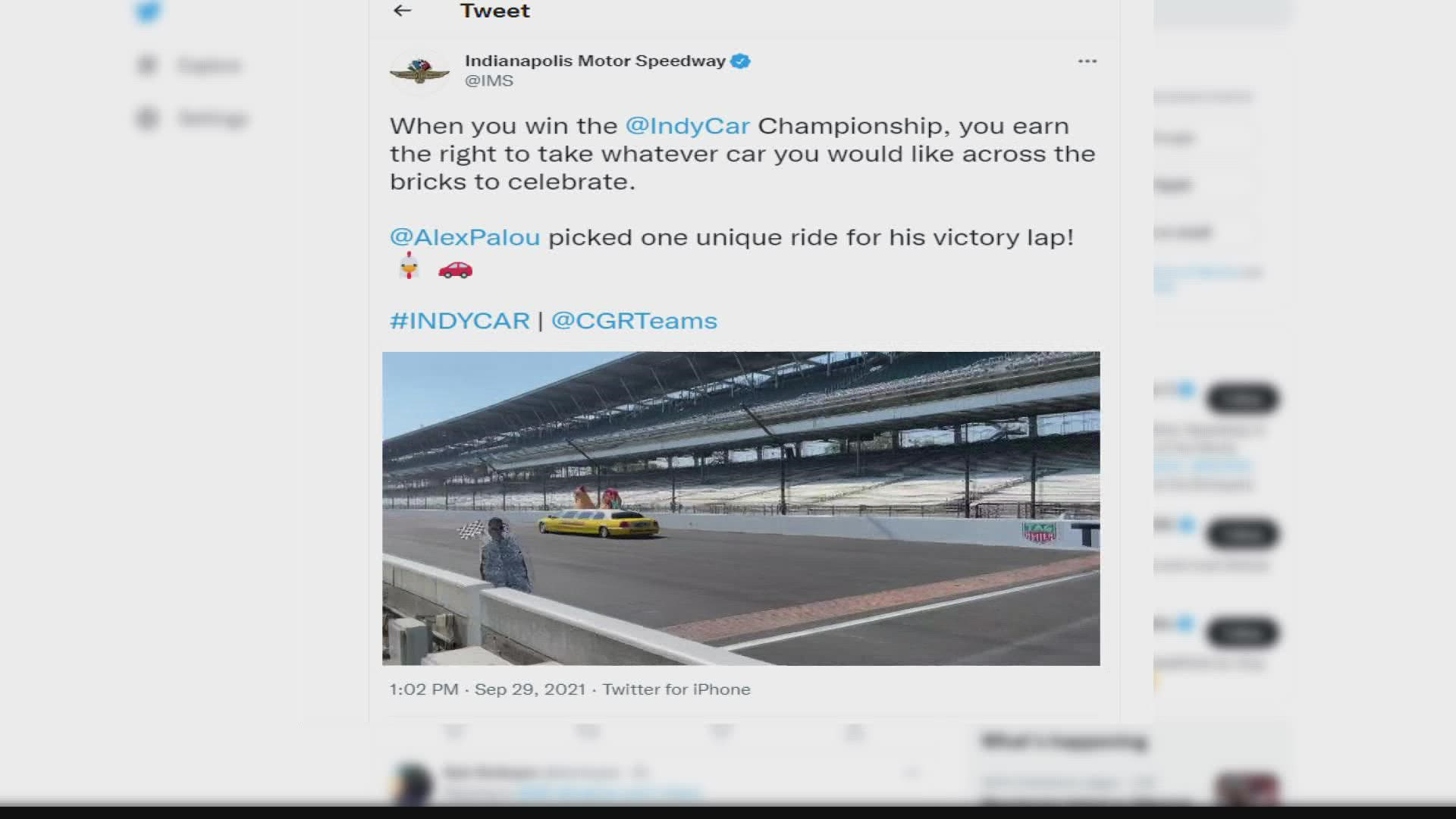 IndyCar Series champion Alex Palou took a lap around Indianapolis Motor Speedway in a chicken limo.