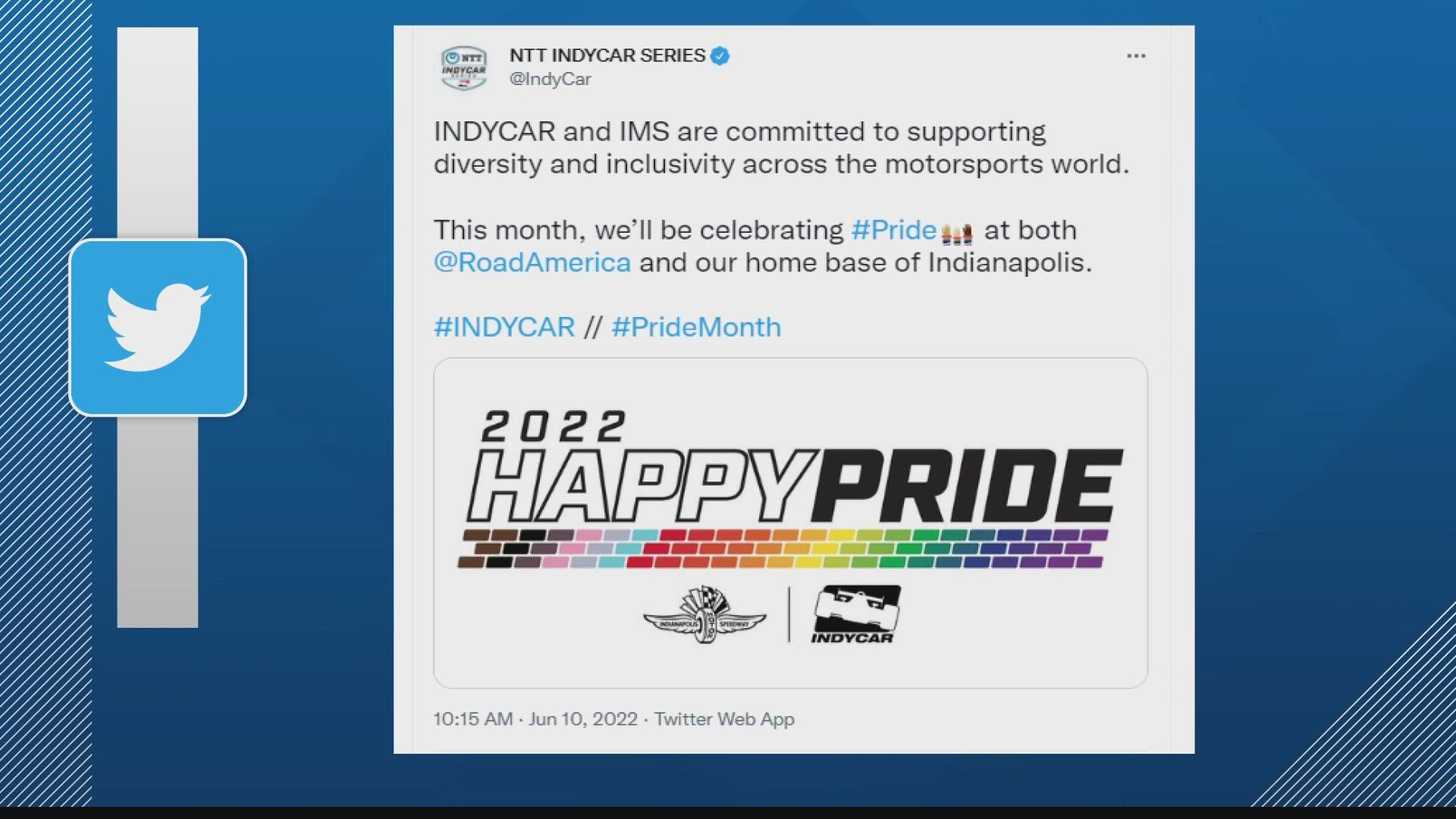 IndyCar and Indianapolis Motor Speedway shared a tweet Saturday celebrating Pride Month.