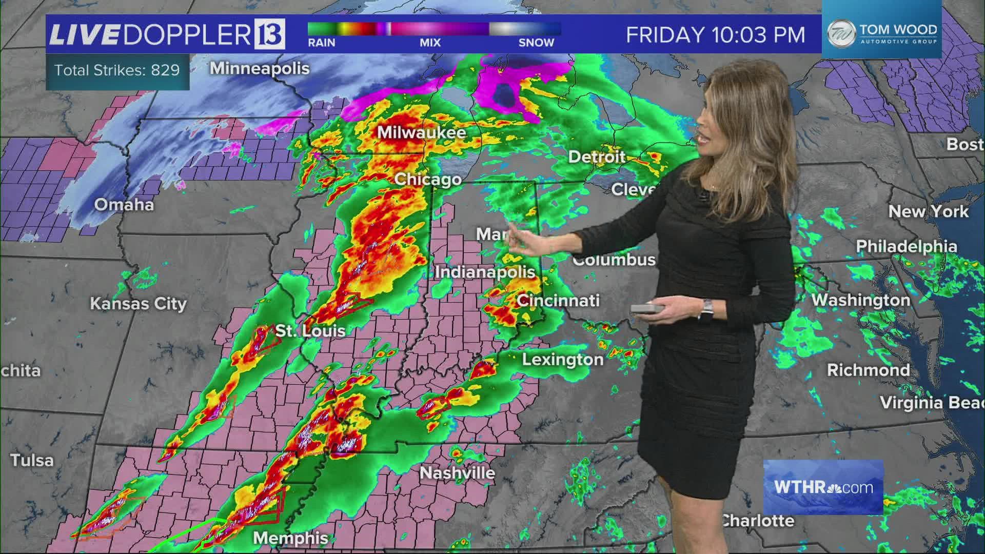 Angela Buchman gave an update on potentially severe weather moving into central Indiana Friday night on the WTHR Facebook page.