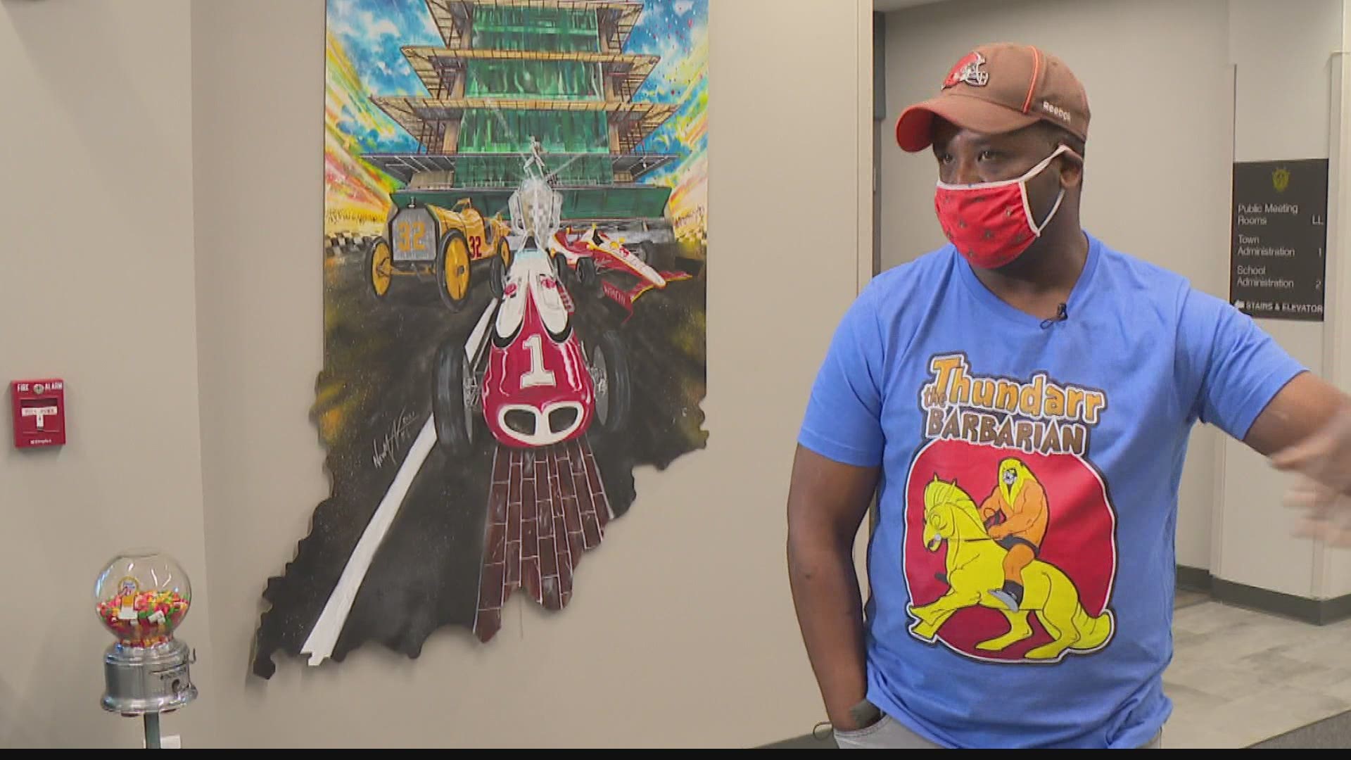 An Indiana artist who created works showcasing the uniqueness of last year's Indianapolis 500 now has a permanent display in the Town of Speedway.