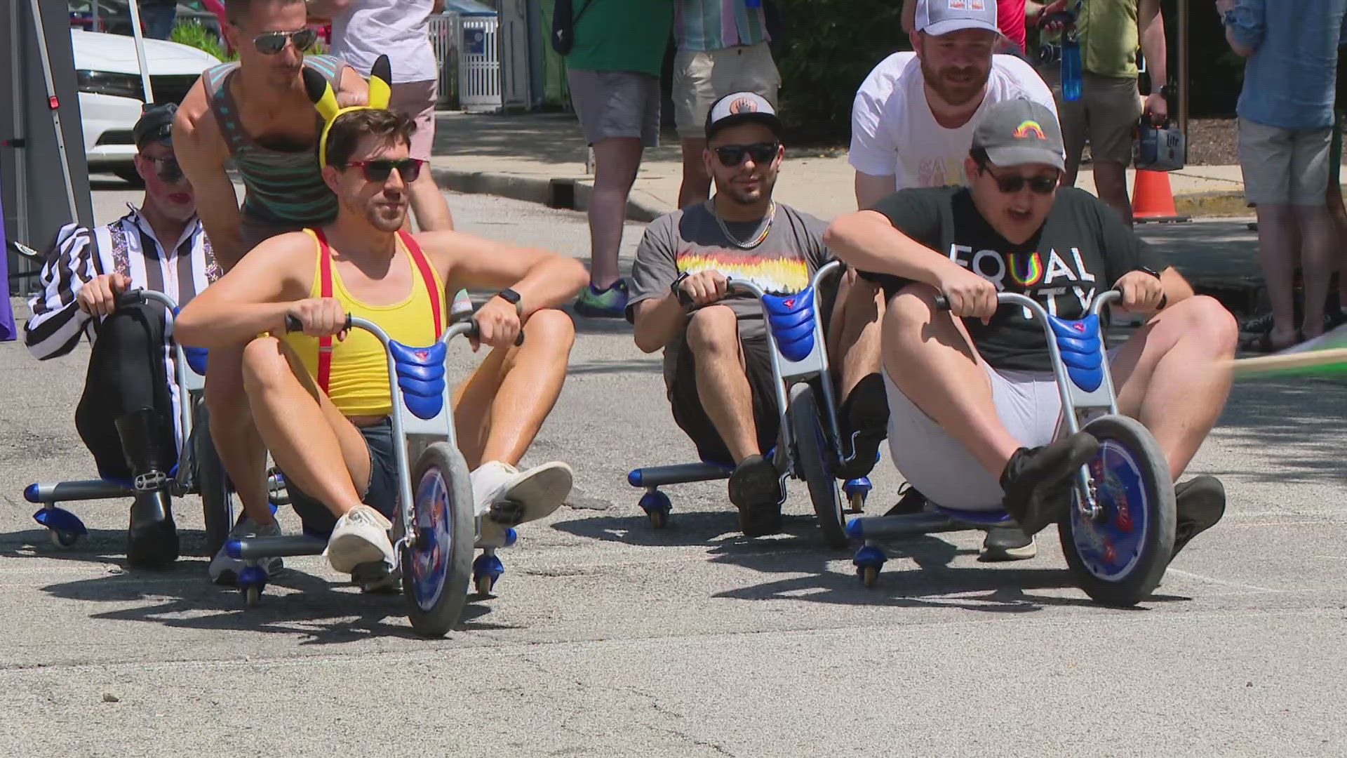 Teams of two race around a track on Mass Ave hoping to get the fastest time. This is one of the oldest events for Indy Pride. It started more than 30 years ago.