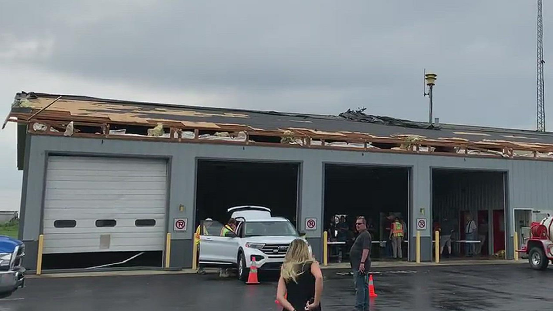 A suspected tornado on June 8, 2022 in Rush County damaged the roof of the Posey Township Volunteer Fire Department.