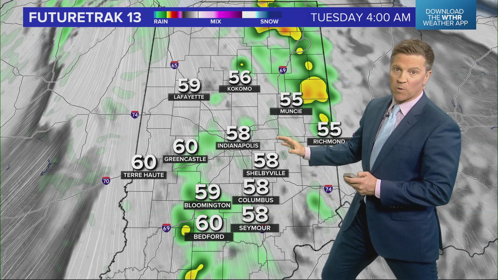 It'll be balmy this evening and overnight, with a line showers and storms crossing the state between midnight - 6 a.m. Tuesday.