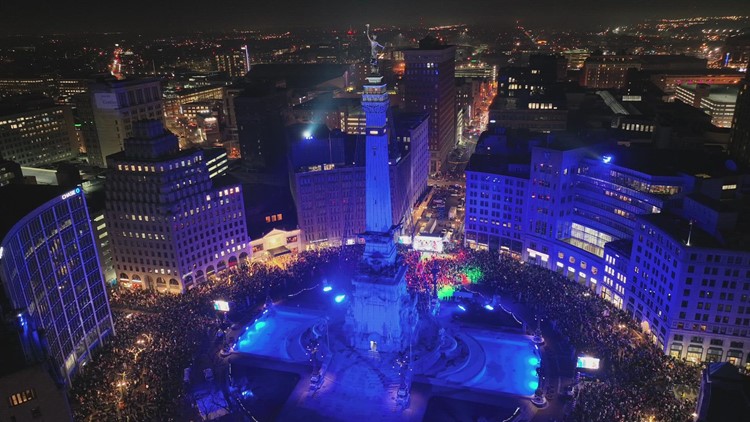 DroneCam 13: Monument Circle lights up during 'Circle of Lights'