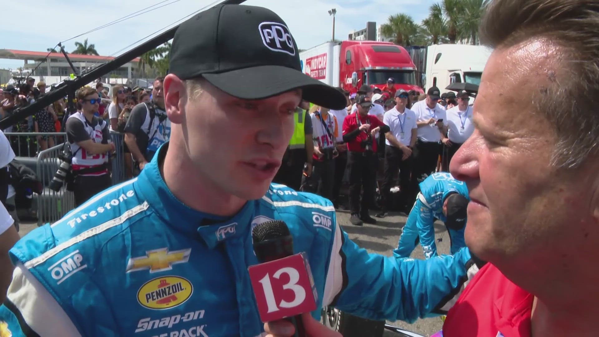 13Sports director Dave Calabro talked with Josef Newgarden after winning the season opening IndyCar race at St. Petersburg.