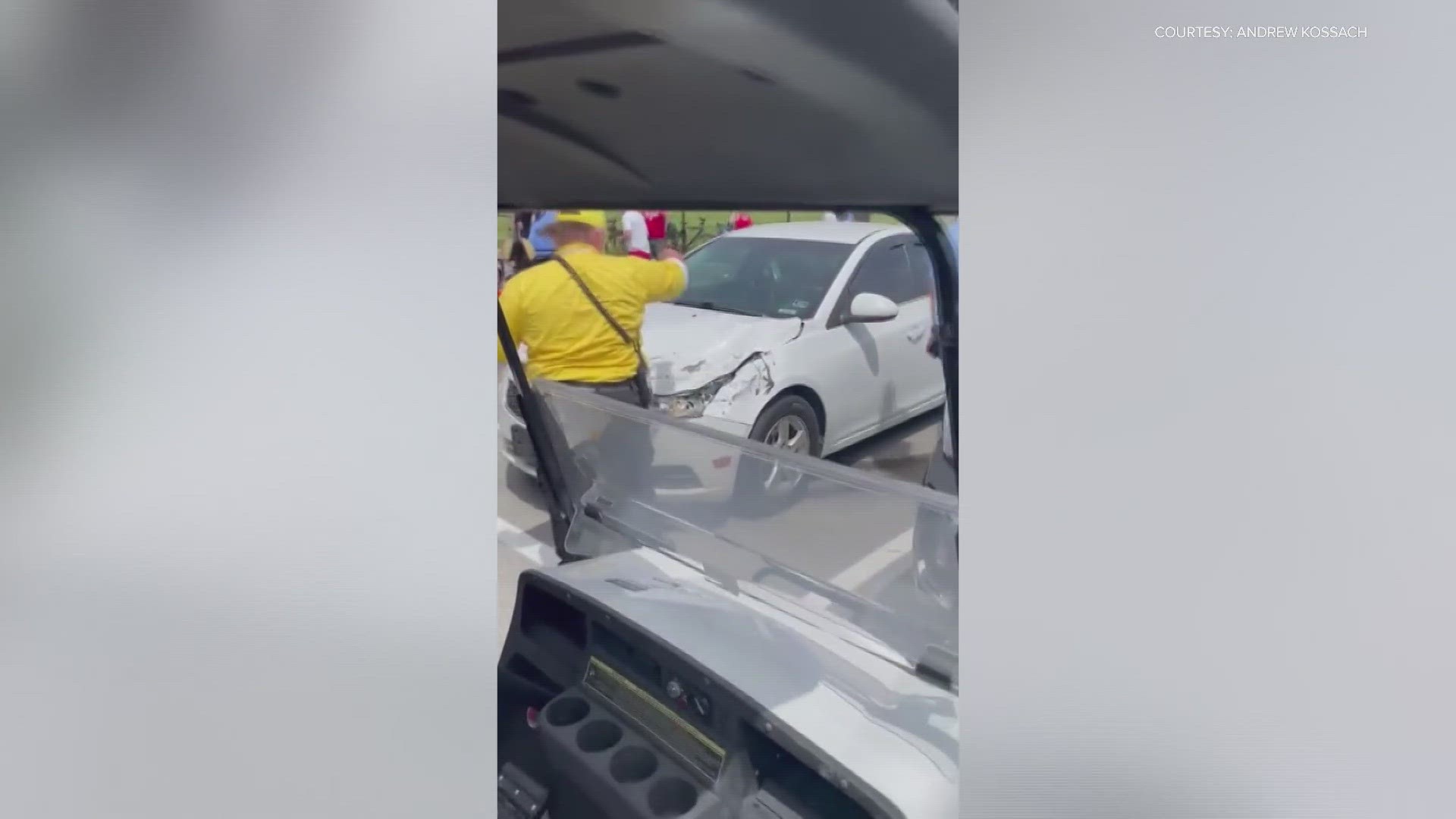 Video of a white car hit by Kyle Kirkwood's tire at Indy 500.