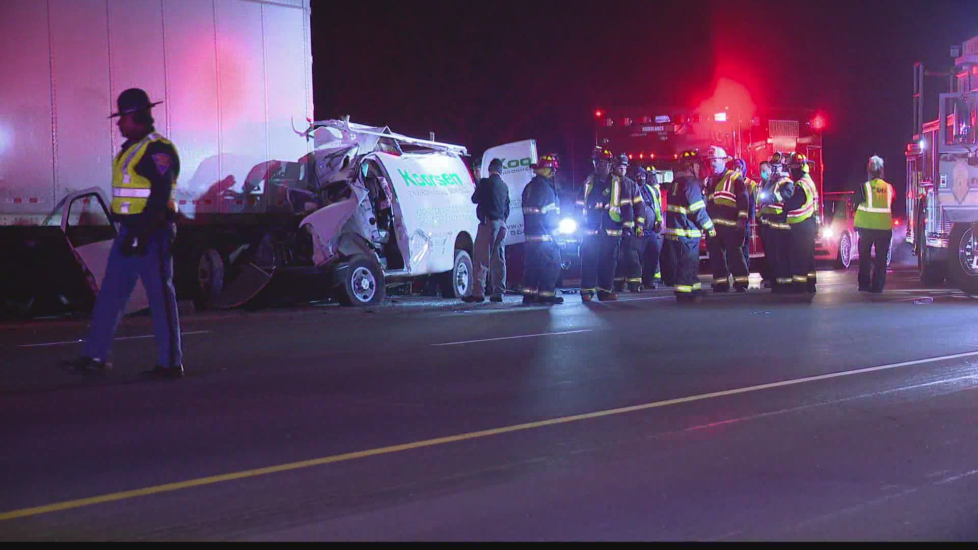 A van struck the back of a semi parked on I-465 and a passenger in the van was killed.