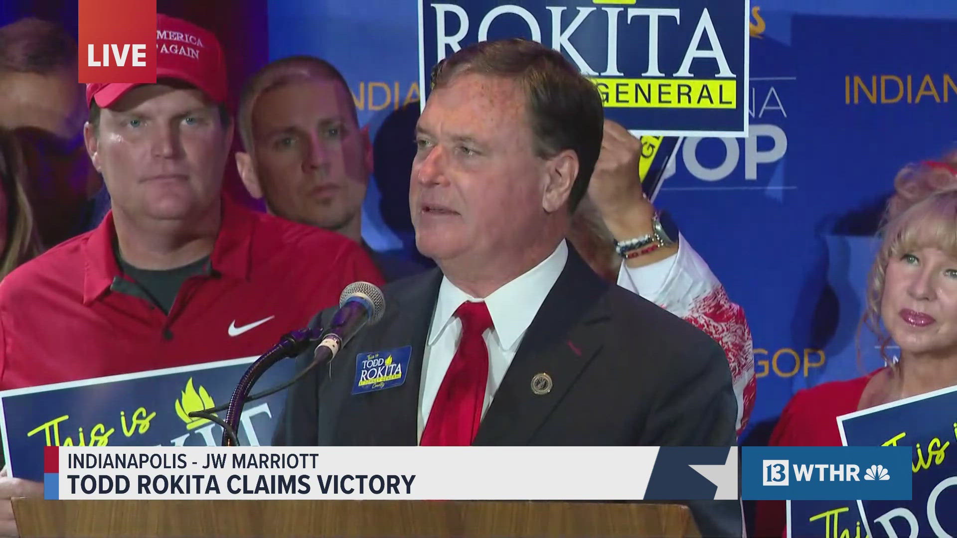 Republican Todd Rokita gives a victory speech at the GOP watch party for the attorney general's race.