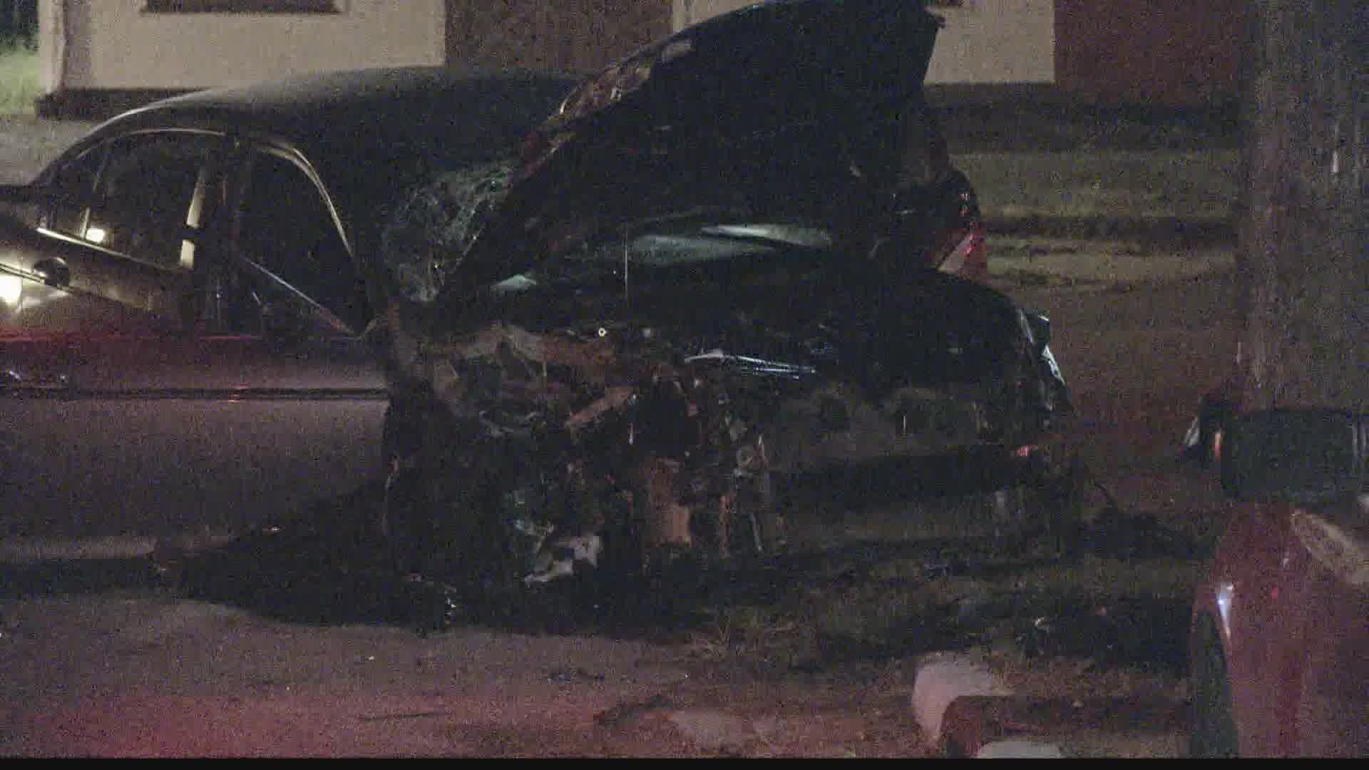 Police said someone in a car fired shots into another car, hitting two people inside, and that car ended up crashing into a pole near 16th Street and Emerson Avenue.