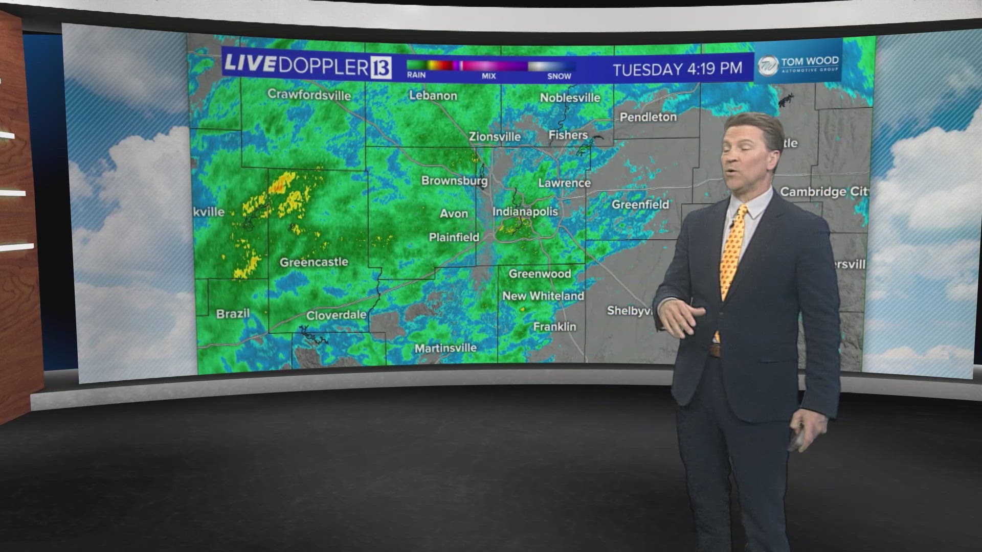 Rainy day in progress with late-day sun possible Wednesday afternoon/evening.