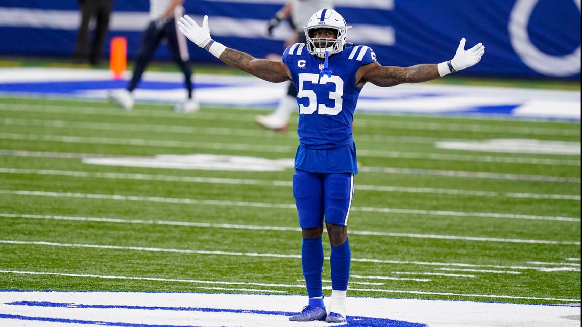 Indianapolis Colts outside linebacker Darius Leonard (53) celebrates a play  during an NFL football game between