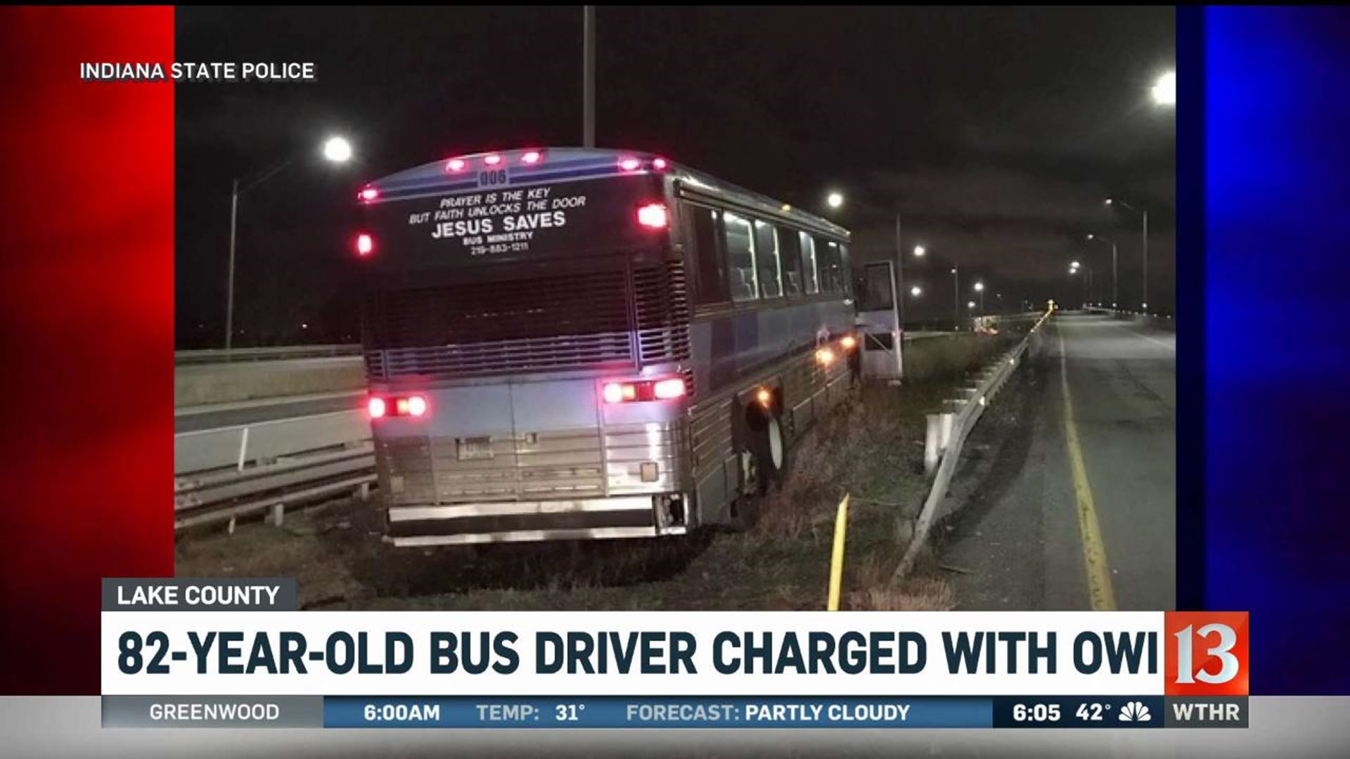 Impaired church bus driver drives off Indiana Toll Road, injures