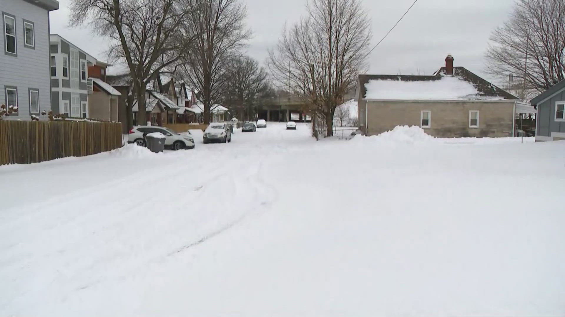 13News reporter Anna Chalker is reporting on the road conditions in Fletcher Place in Indianapolis on Jan. 6, 2025.