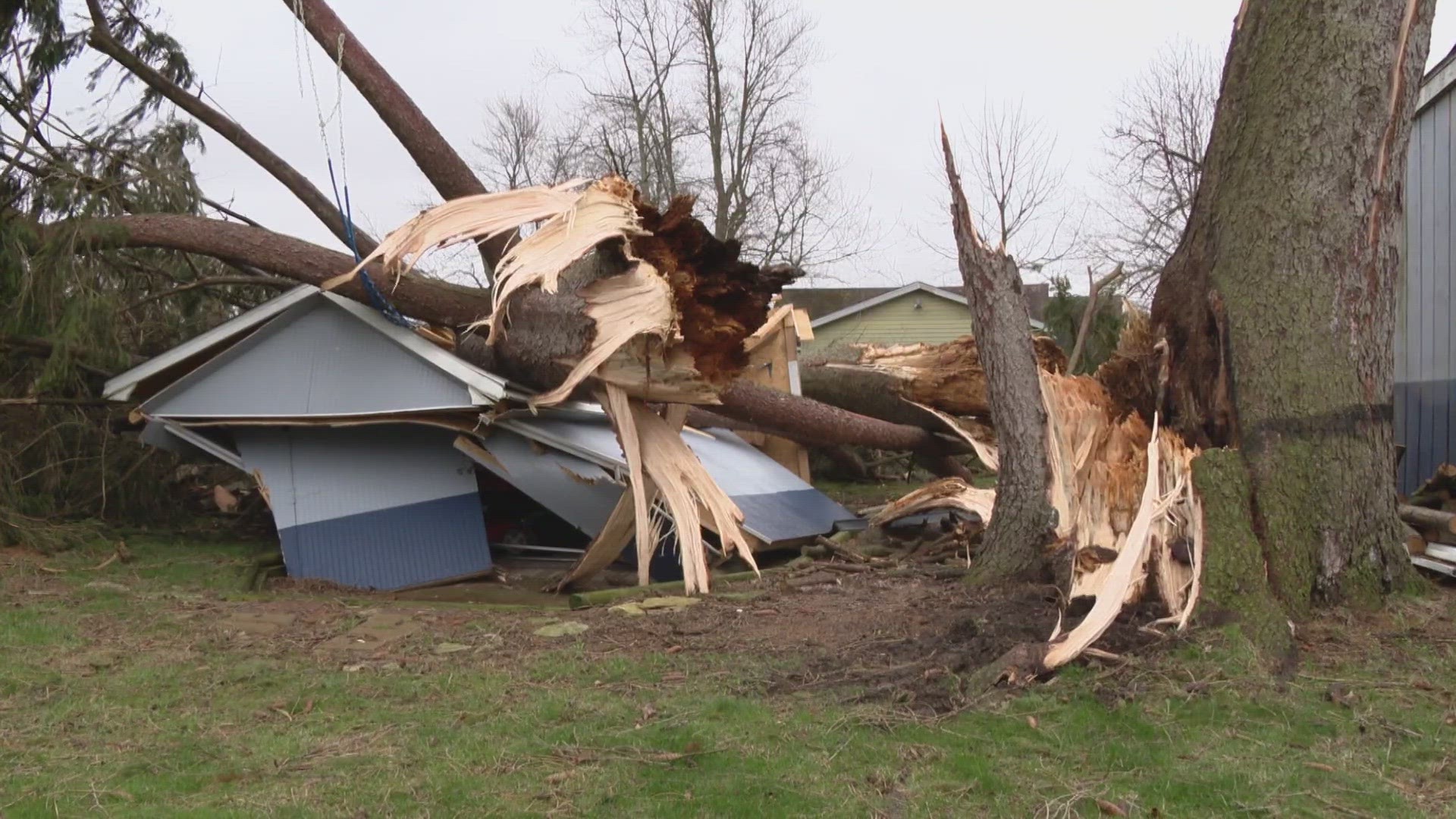 The storm knocked over trees and destroyed homes in Swayzee, Indiana.