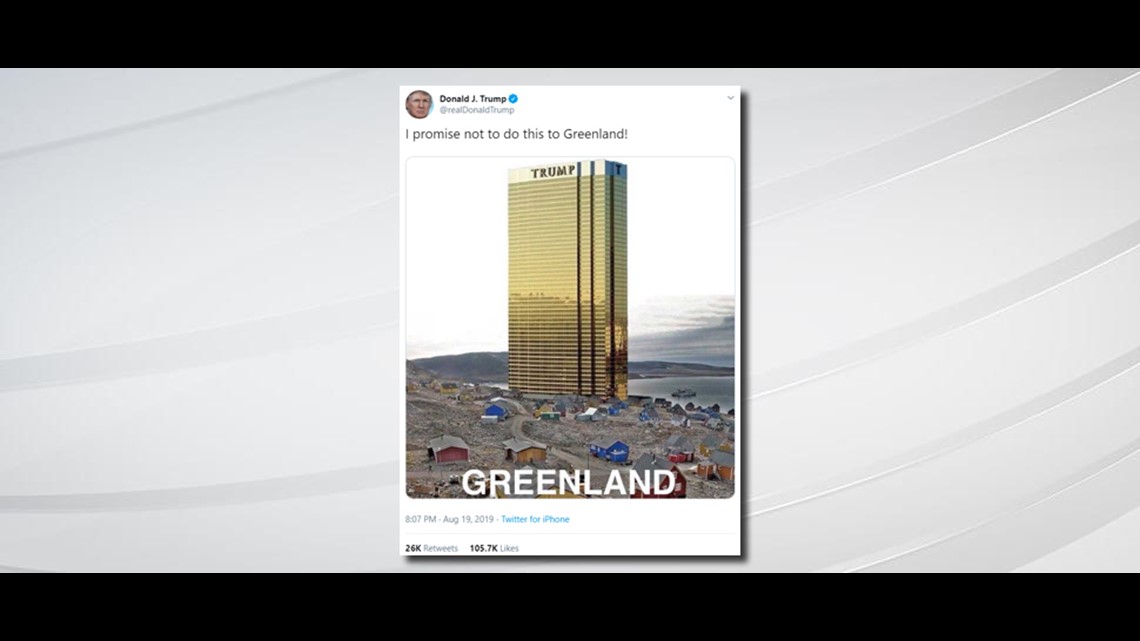 President tweets pic of Trump Tower looming over Greenland