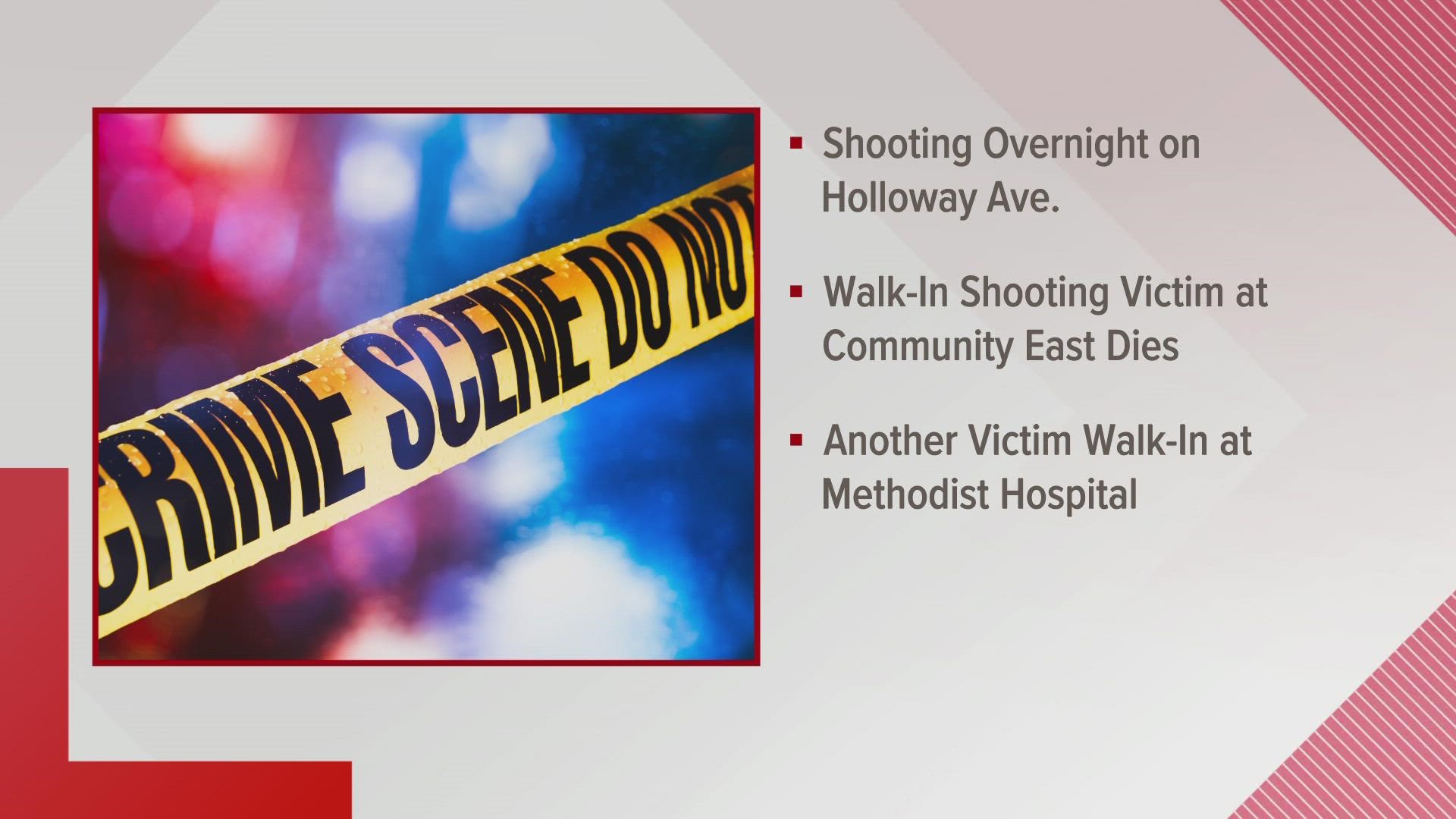 Officers responded to two Indianapolis hospitals for walk-in shooting victims Tuesday morning. One has died and the other was in stable condition, IMPD said.