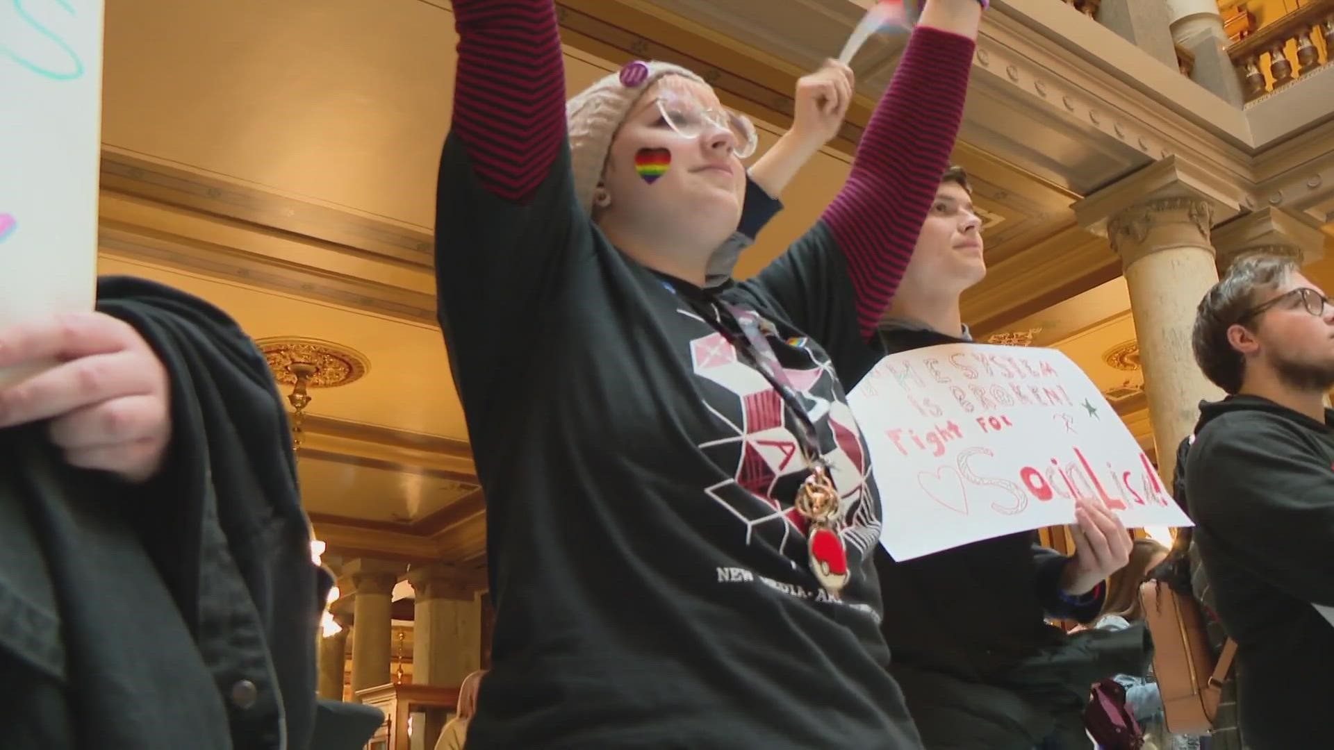 Protestors gathered at the statehouse to protest the 'slate of hate' legislation targeting the rights of queer and LGBTQ+ youth.