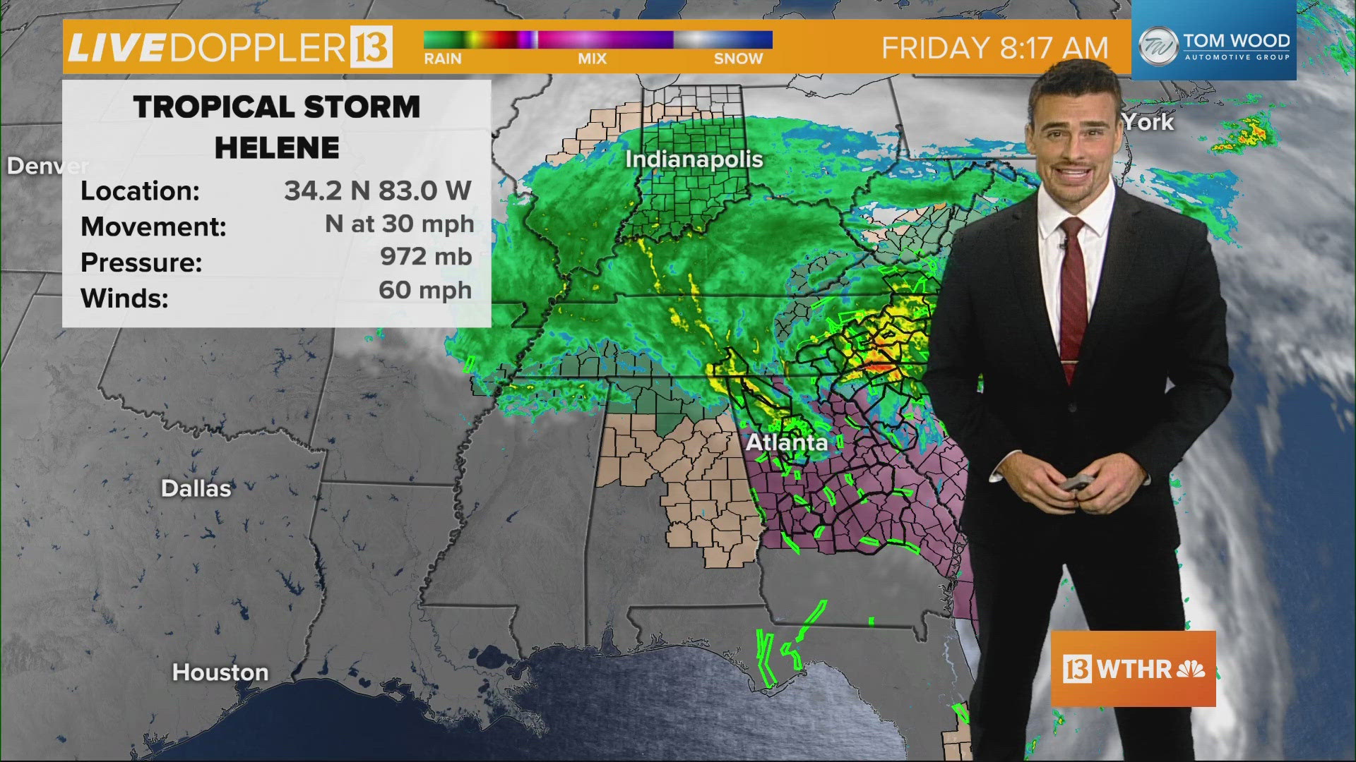 Live Doppler 13 meteorologist Matt Standridge provides an update on conditions in central Indiana as Tropical Storm Helene moves north on Friday, Sept. 27, 2024.