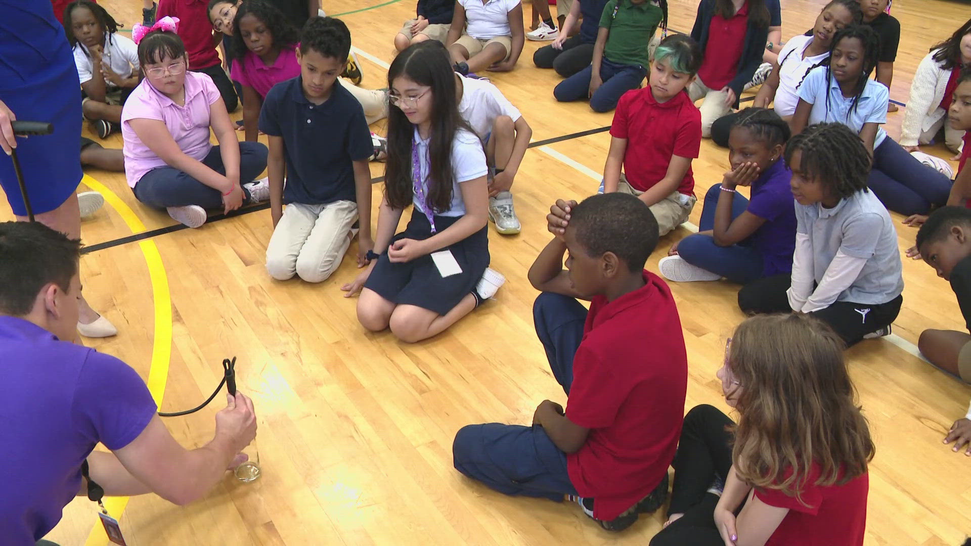 Meteorologists Lindsey Monroe and Matt Standridge spoke to approximately 90 third-graders about all things weather.