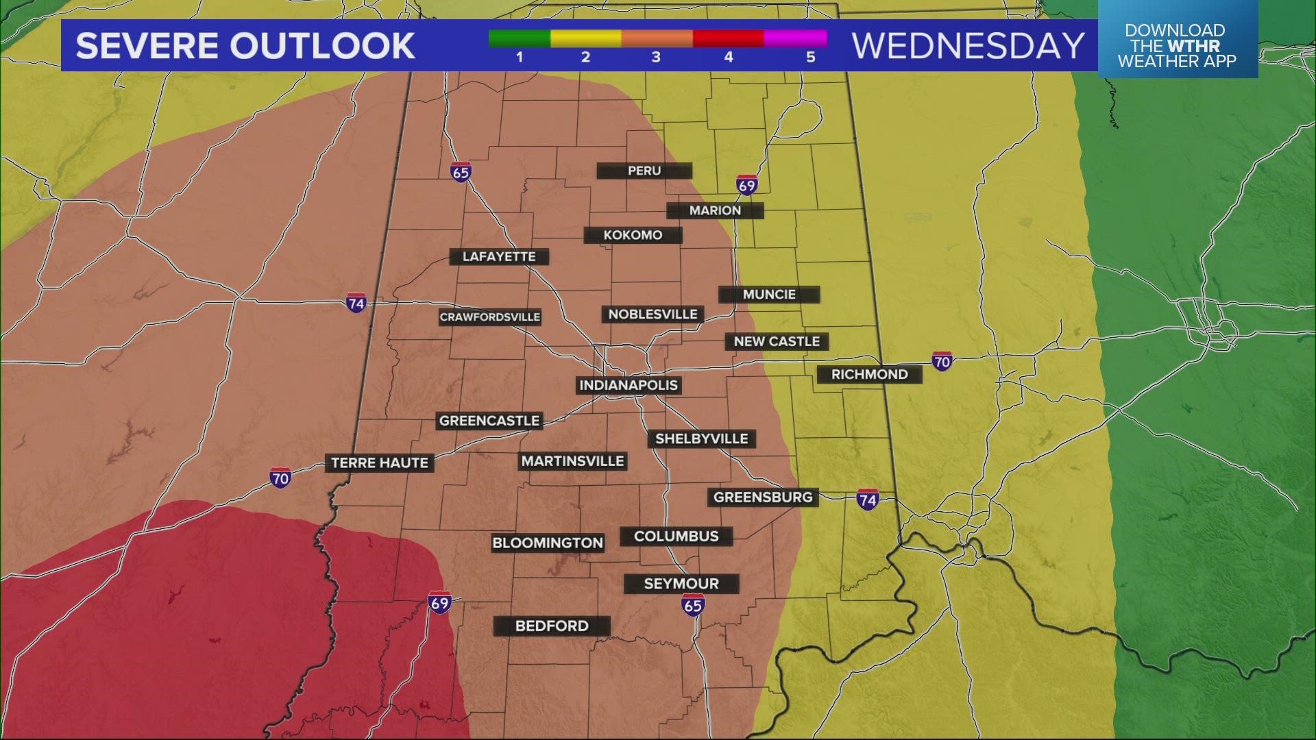 Most of central Indiana is under a risk of severe weather on Wednesday.