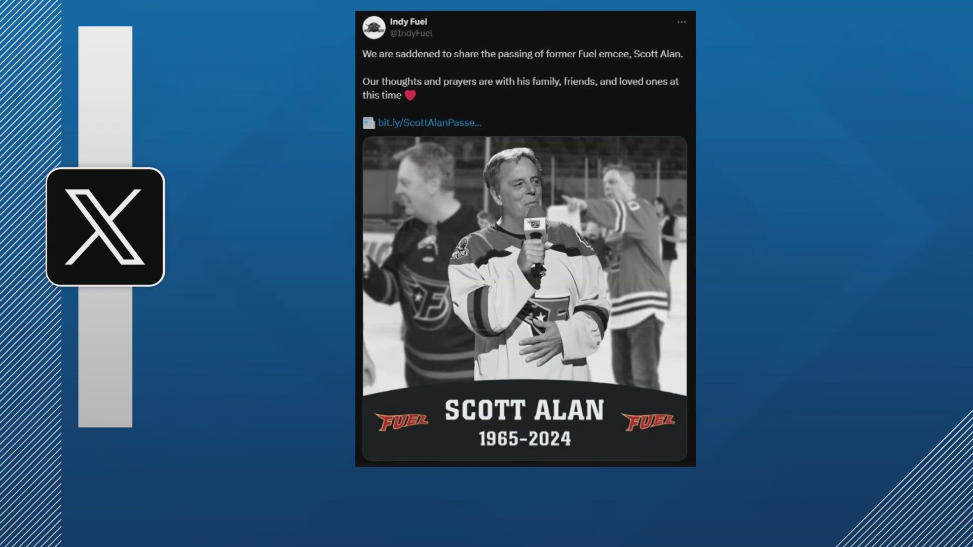 The Indy Fuel announced Tuesday night that emcee Scott Alan died Monday in a car crash. He was also the PA announcer for the Indy Eleven.