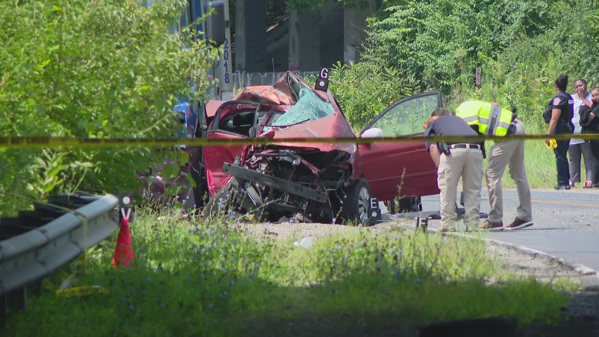 IMPD says a man driving a sedan crashed into a semi parked on the side of the road near 30th and Mass Ave around 11:30 a.m. Saturday.