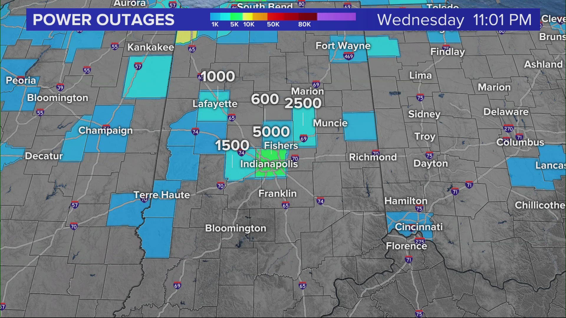 Power outages were reported late Wednesday.