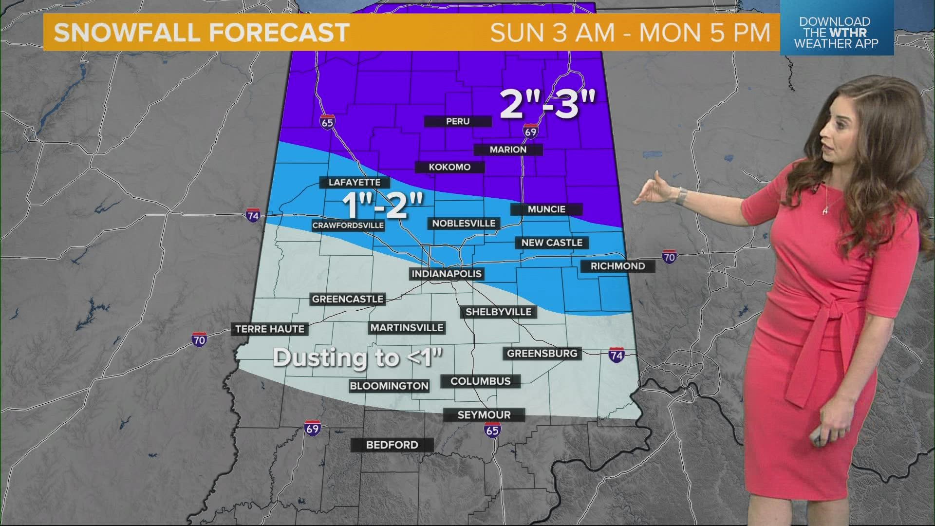 Portions of central Indiana should expect between 1 and 3 inches of snow Sunday morning.