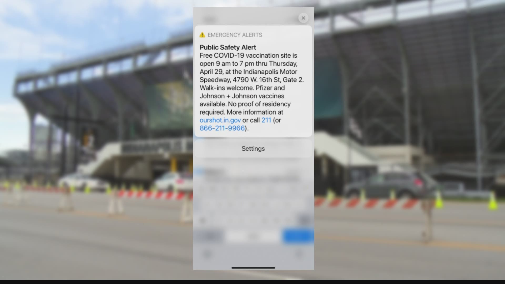 Thousands of cell phones across central Indiana buzzed with an emergency alert Tuesday morning to announce open slots at the vaccination clinic at IMS.