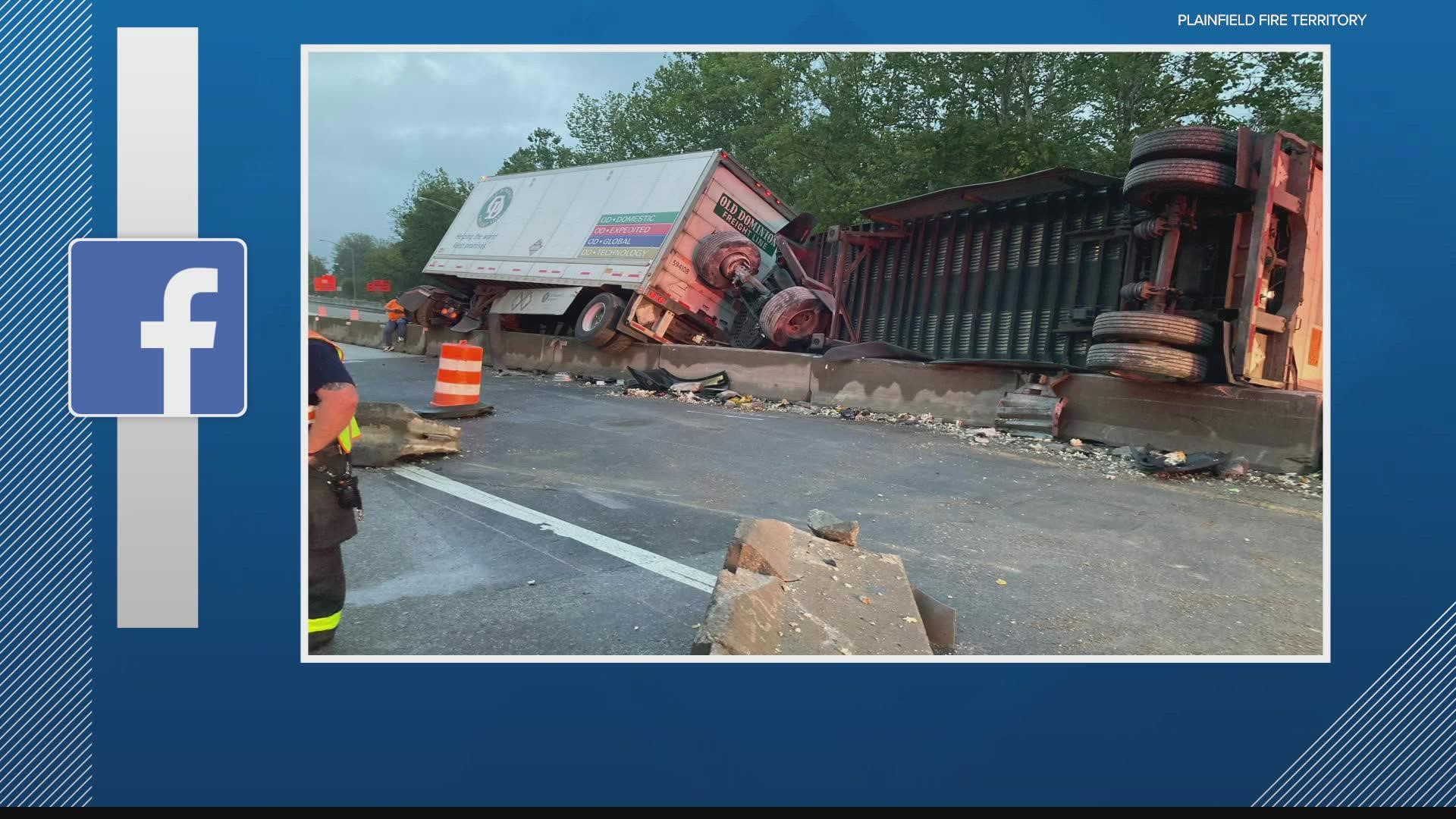 The Plainfield Fire Department shared photos showing a terrifying scene on I-70 after a semi-truck crashed in a construction zone.