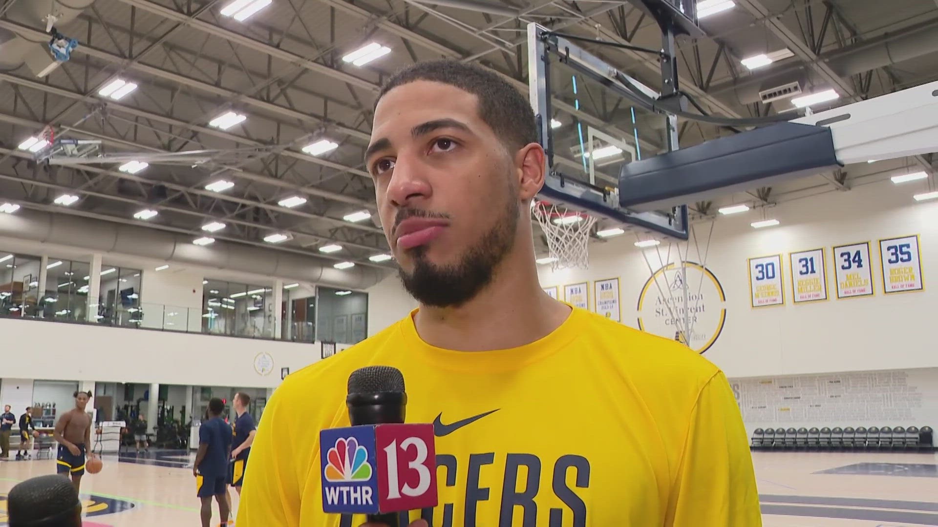 13Sports director Dave Calabro talks with Indiana Pacers point guard Tyrese Haliburton ahead of the Pacers opening-night game against the Wizards at home.