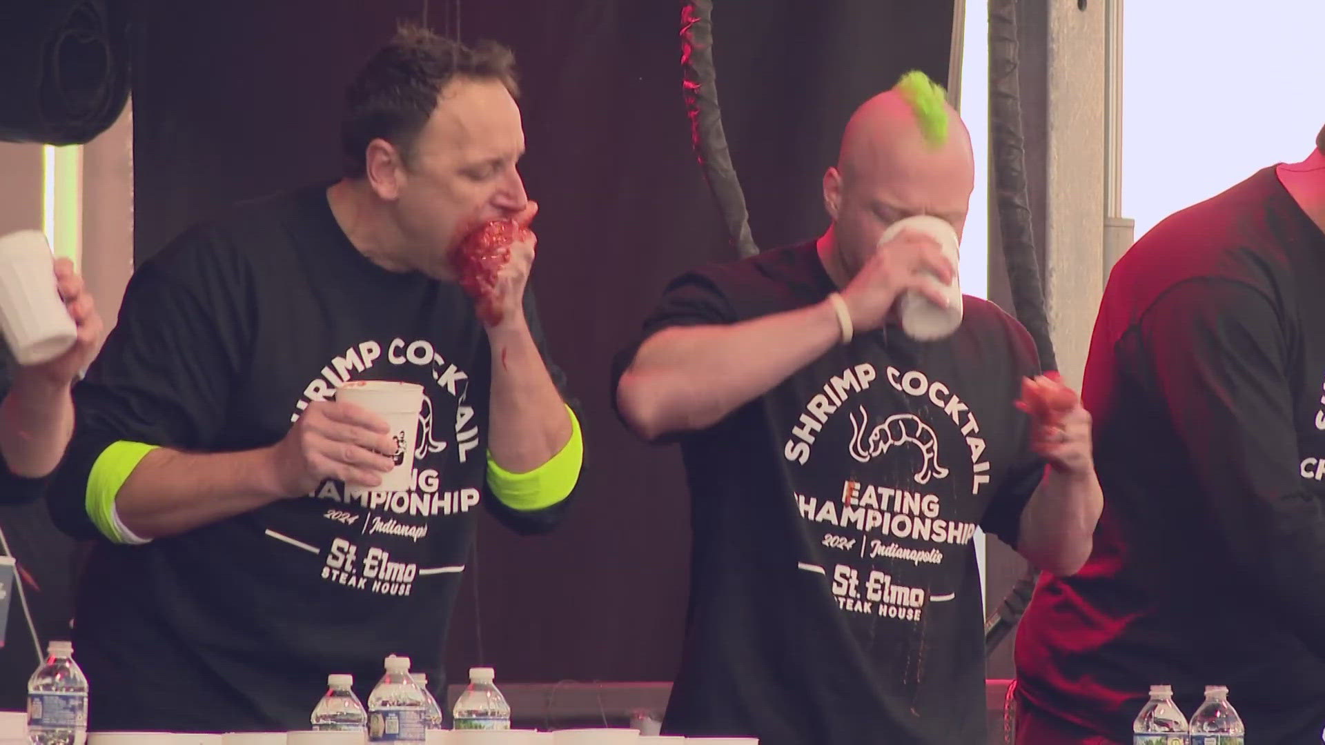 Westfield's Joey Chestnut set a new world record on his way to regaining the title. He ate 21 pounds of shrimp in 8 minutes.