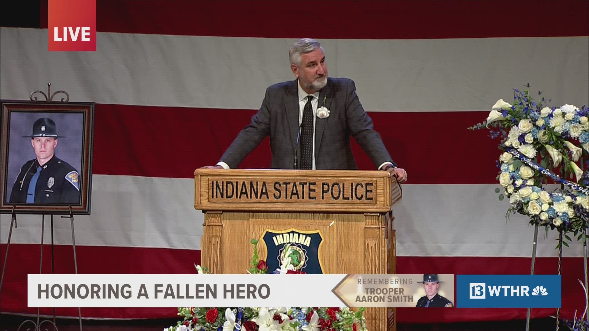 "Trooper Smith's passing is a stinging reminder of all the risks those who wear the uniform are willing and even wantingly making for us," Holcomb said.