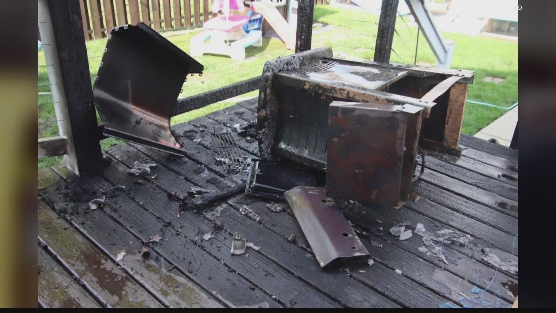 A man and his 7-month-old daughter escaped serious injury when a gas grill exploded into flames on his patio.