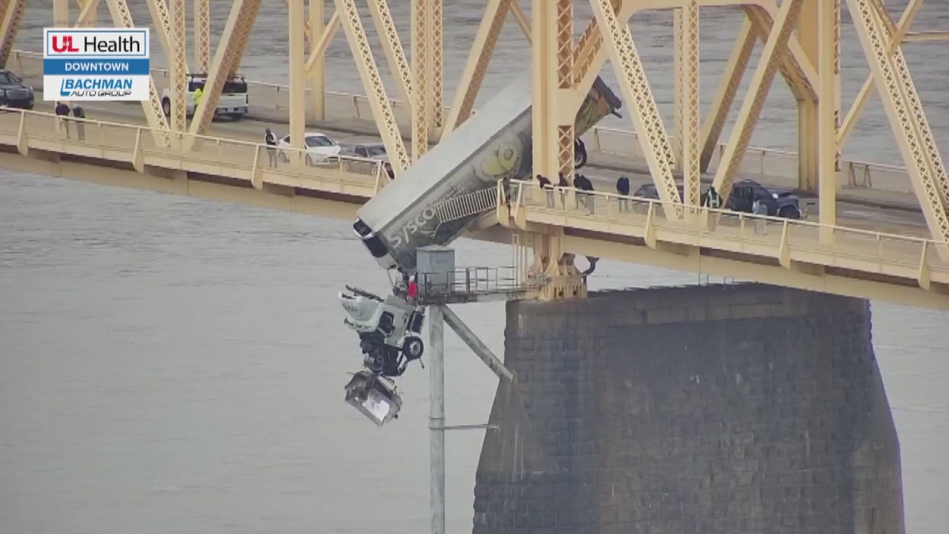 Dashcam footage obtained from WHAS in Louisville shows the moment a truck was sent dangling over the Clark Memorial Bridge.