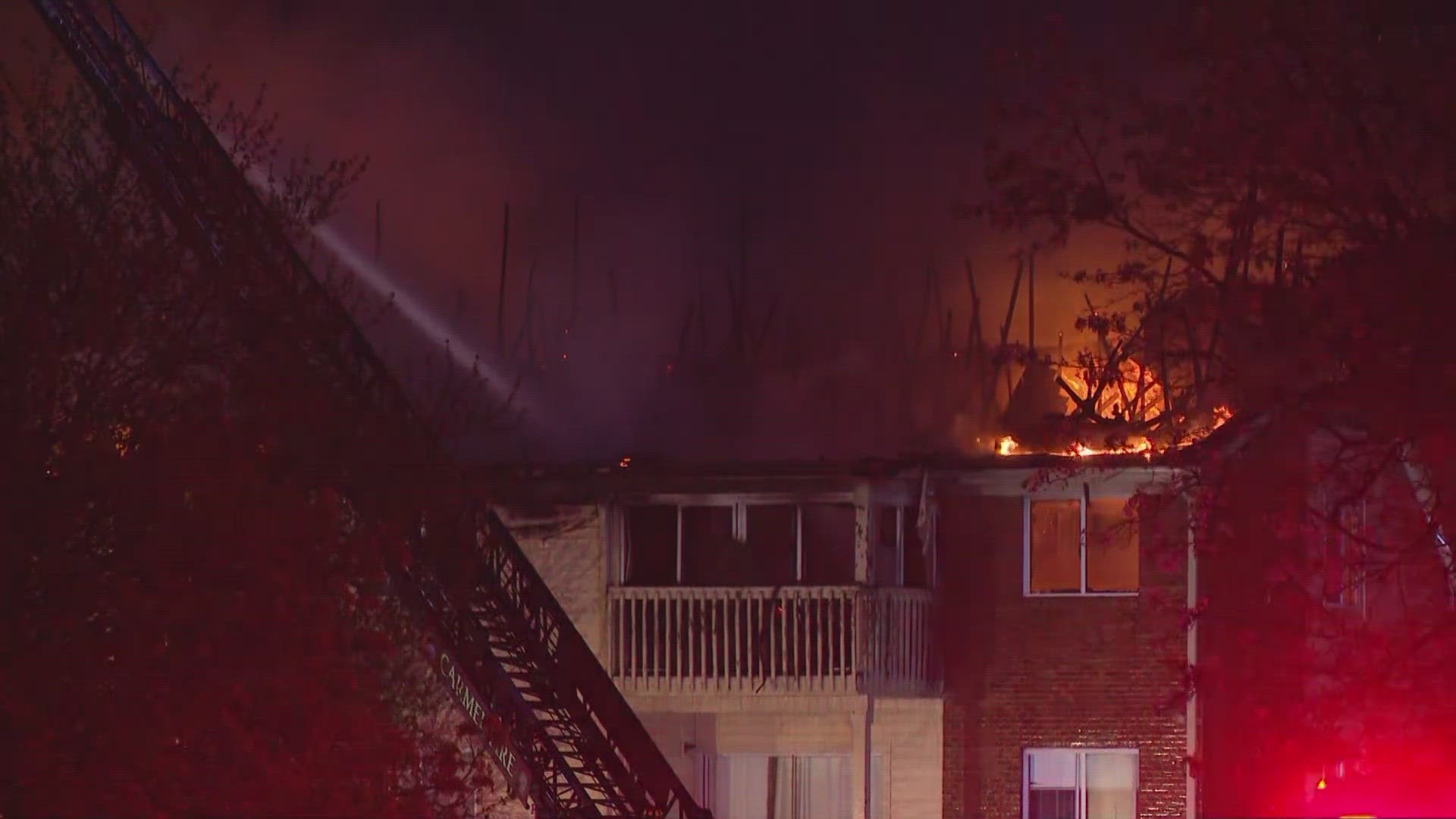 A second alarm was called as firefighters in Carmel battled wind to contain a fire at the Timber Creek complex on the city's west side.