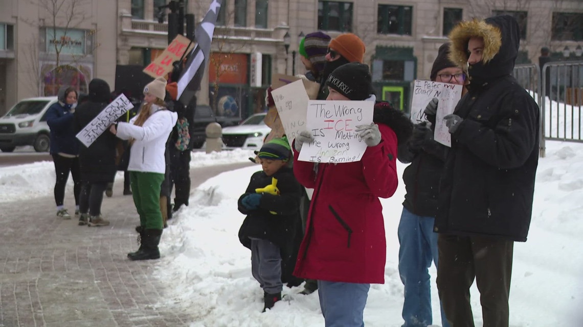 Protestors gather on Monument Circle in downtown Indianapolis to push back against ICE