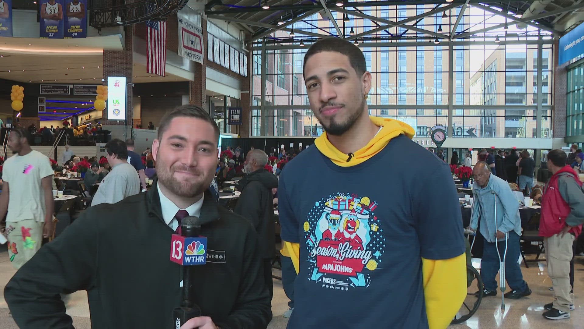 13Sports reporter chats with Indiana Pacers guard Tyrese Haliburton during the "Come to Our House Thanksgiving Dinner" at Gainbridge Fieldhouse.