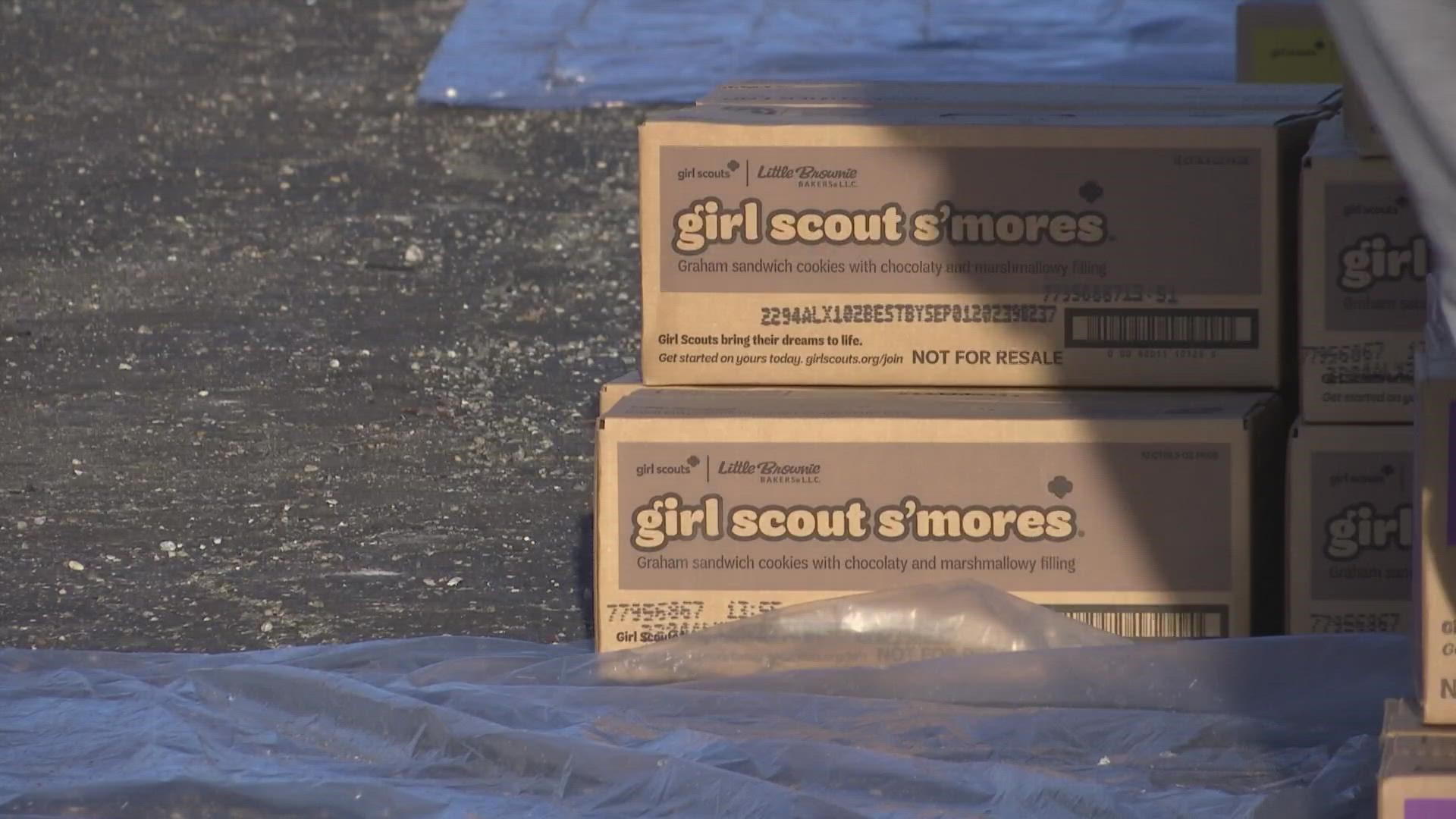 Three semi-trucks full of Girl Scout cookies rolled into town today.