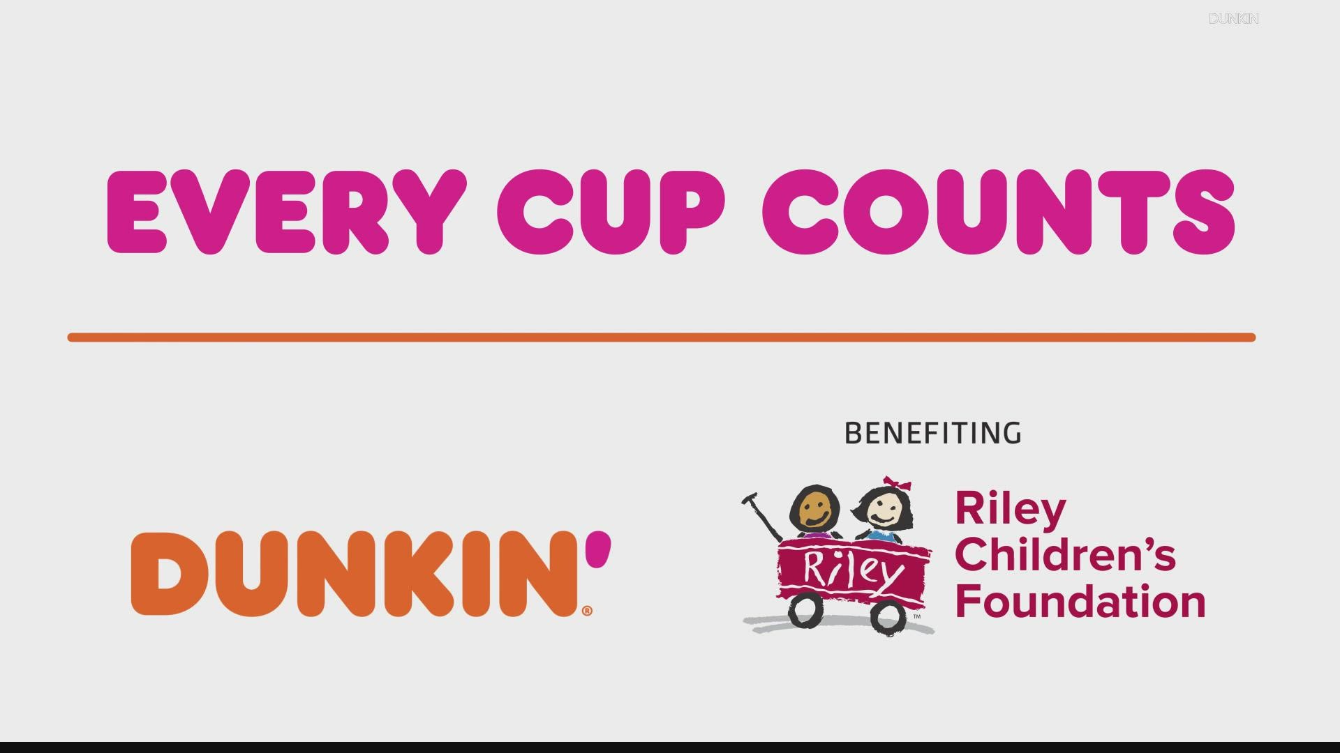 All 30 Indianapolis-area Dunkin' locations will donate $1 to Riley Children's Foundation for every large or extra large hot coffee sold on Tuesday, Nov. 30.