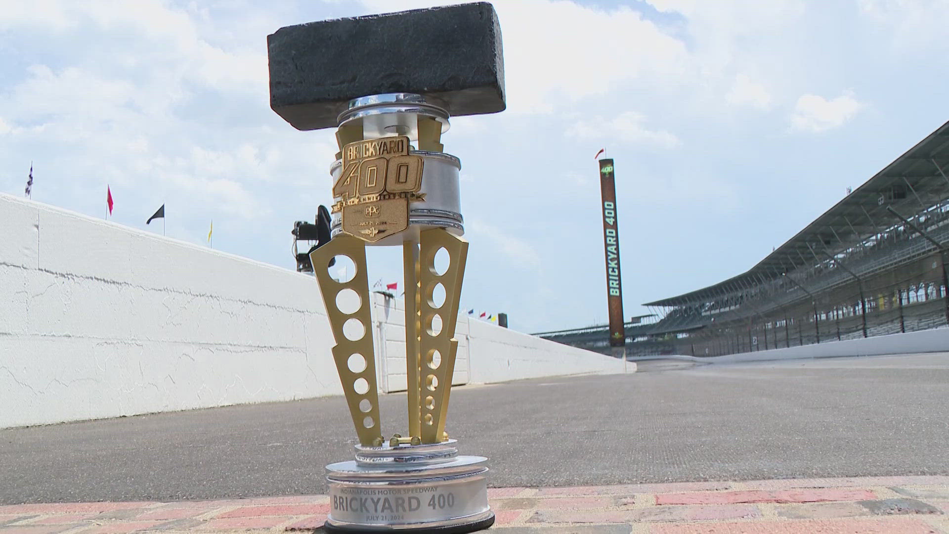 13Sports director Dave Calabro talks with IMS president Doug Boles as they discuss the Brickyard 400 trophy and the storylines ahead of Sunday's race.