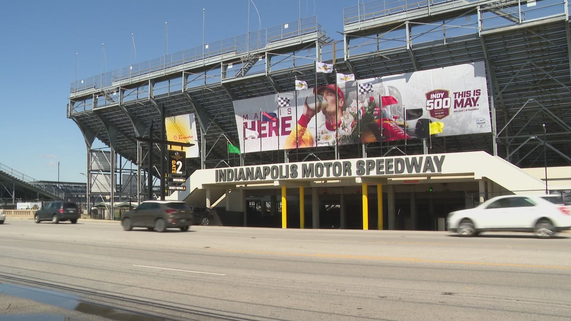 The defending Indianapolis 500 champion Josef Newgarden unveiled the banner over turn 2 on Saturday.