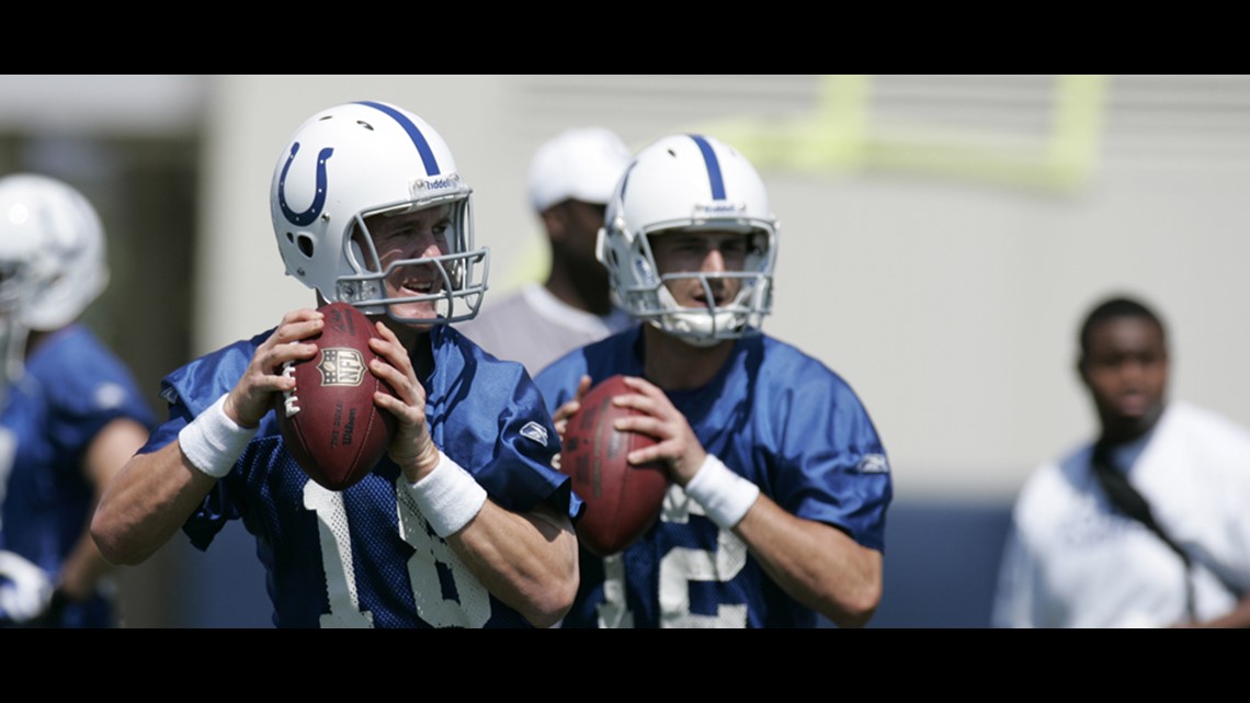 Quarterback Peyton Manning of the Indianapolis Colts drops back to