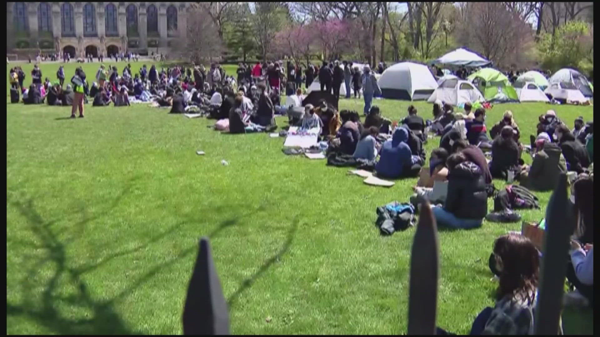 Hundreds of students have set up camp at the campus' open space known as Deering Meadow.