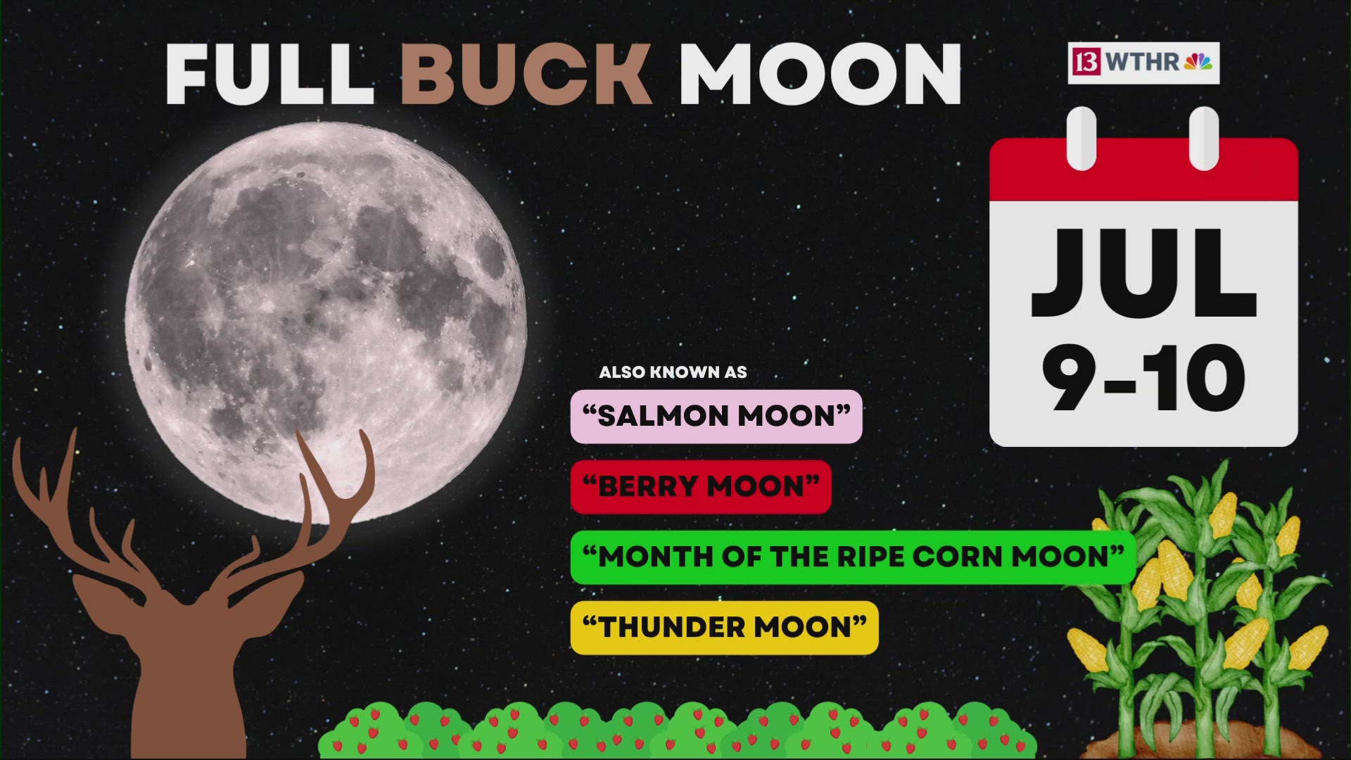 Official full moon will be during the day on July 10th, but it will appear full the night of July 9-10 and July 10-11. It is called the full buck moon.